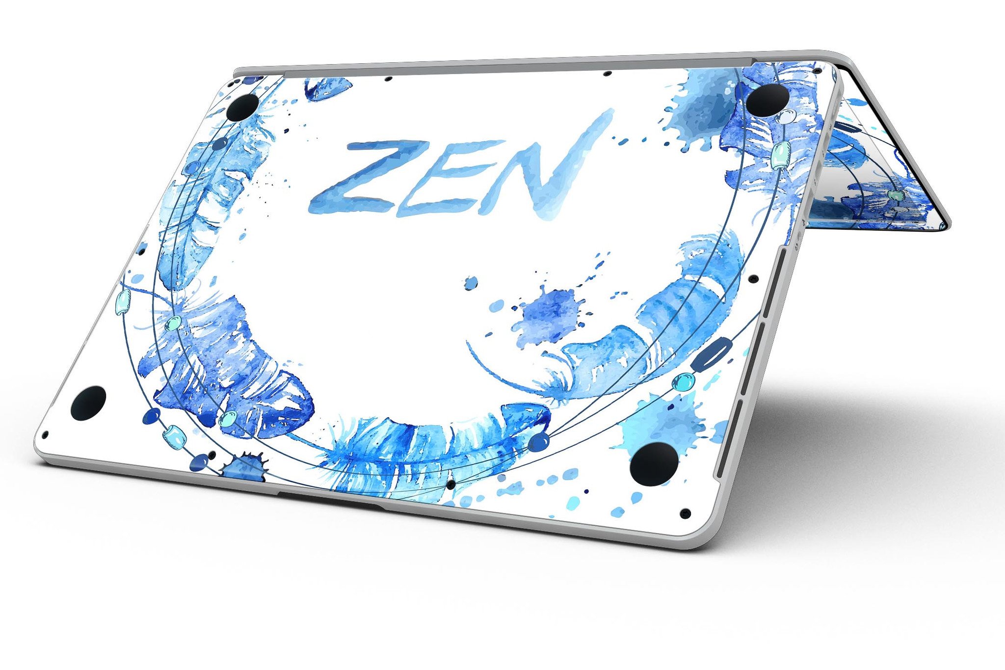 Abstract Watercolor Blue Feather Circle skin for MacBook Pro with Retina Display, showcasing vibrant colors and intricate feather design.