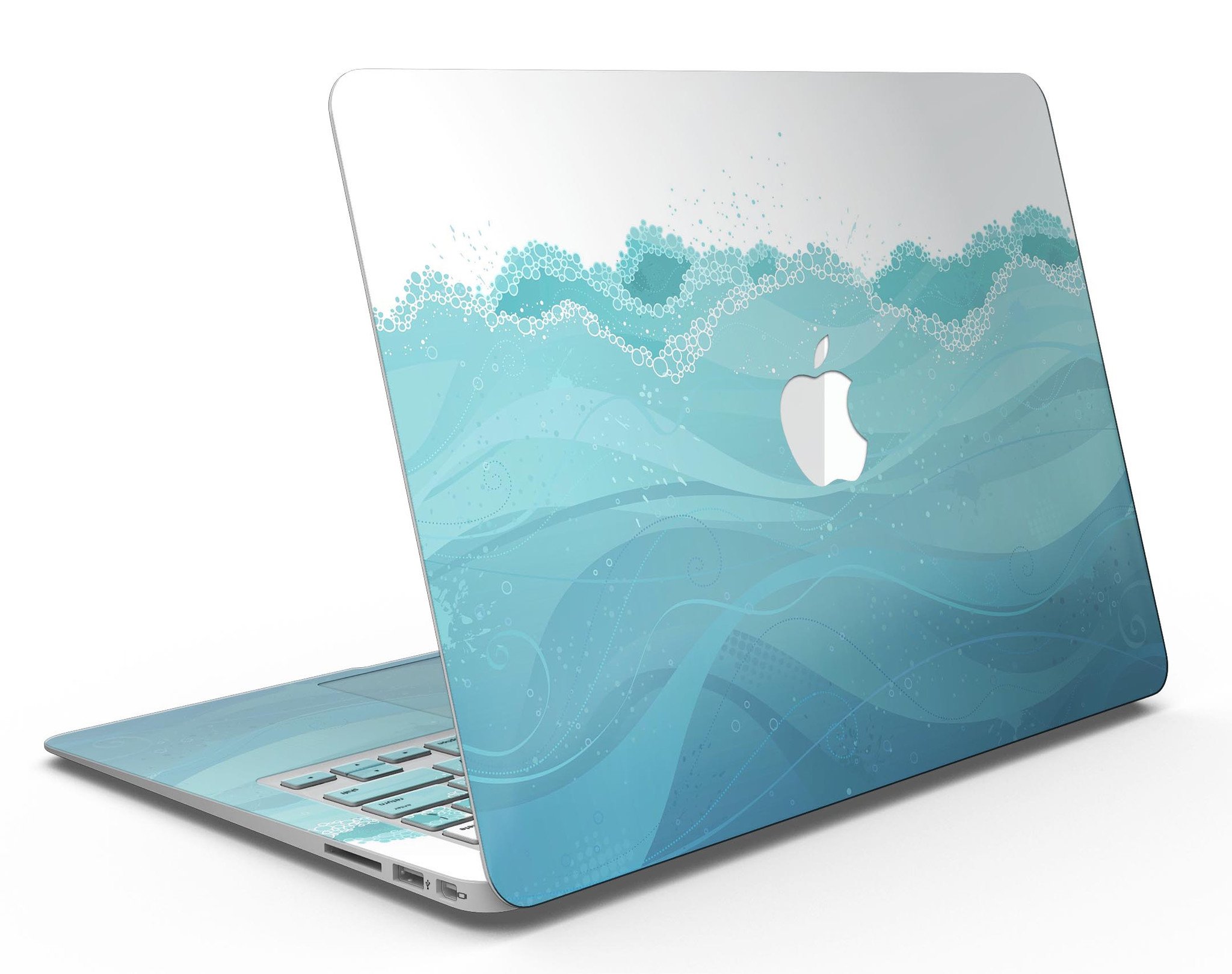 Abstract WaterWaves MacBook Air Skin Kit showcasing vibrant wave patterns on a sleek device.