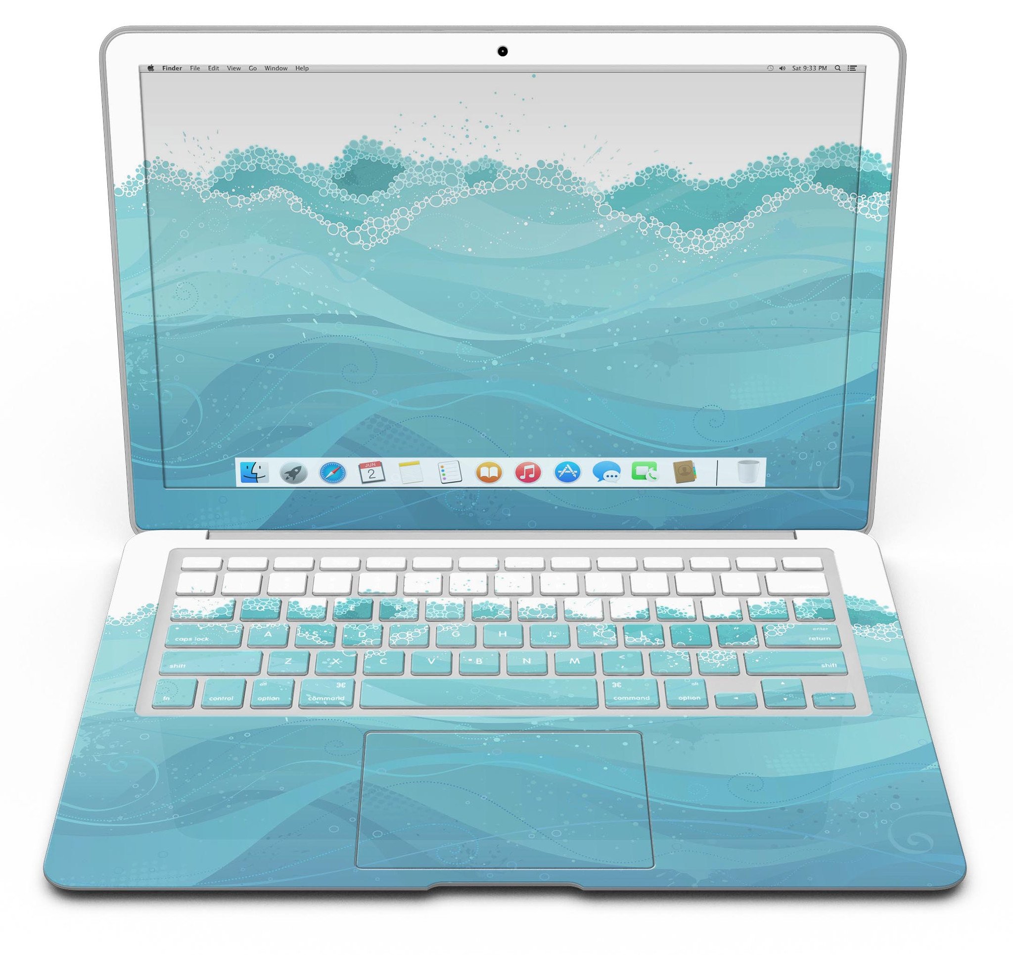 Abstract WaterWaves MacBook Air Skin Kit showcasing vibrant wave patterns on a sleek device.