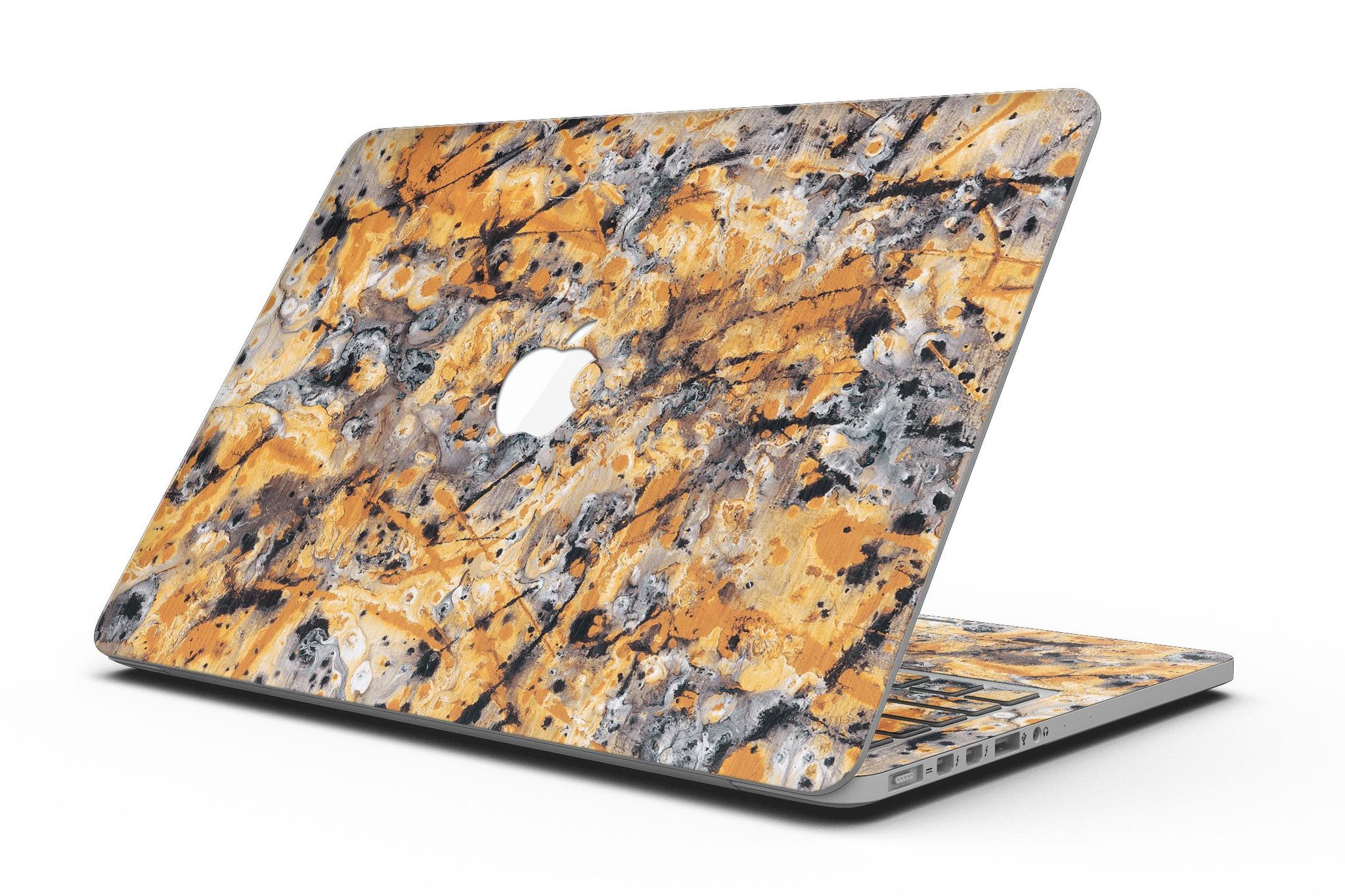 Abstract Wet Gold Paint skin for MacBook Pro with Retina Display, showcasing a stylish design that protects the device.