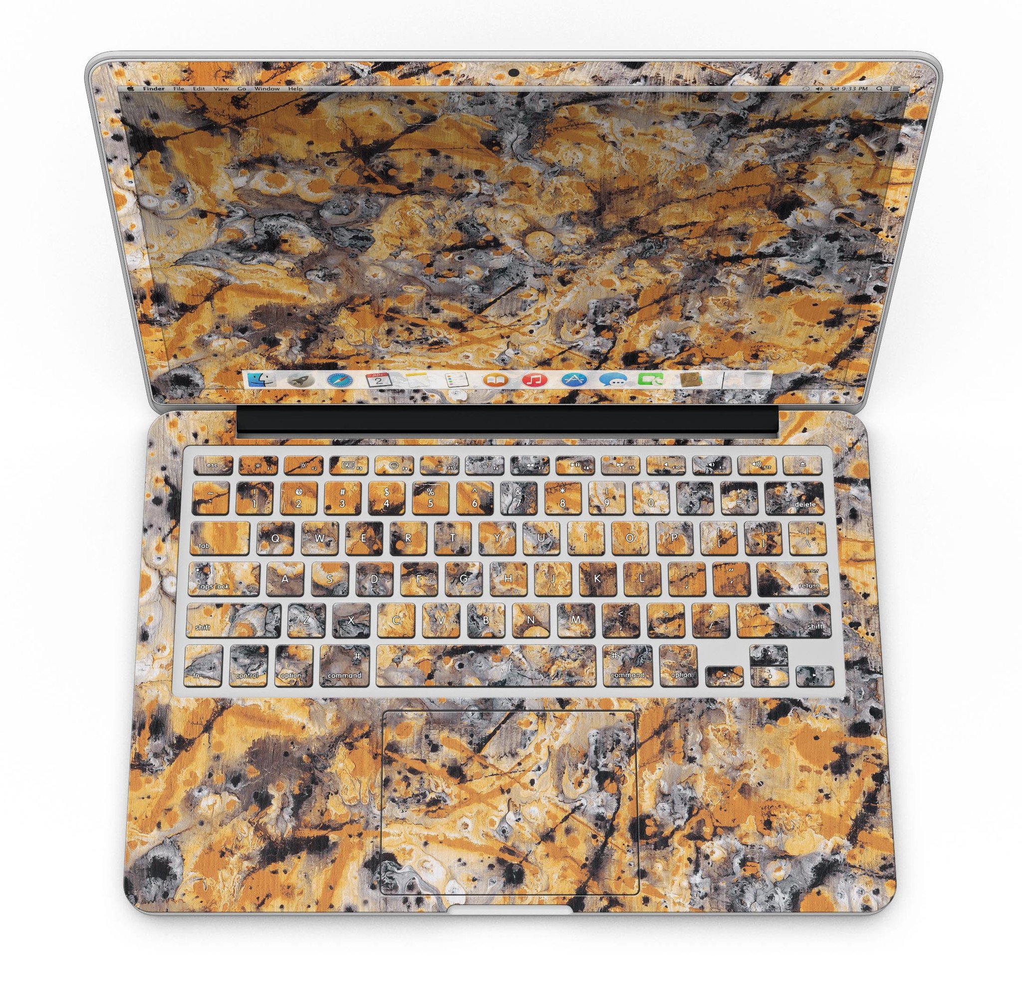 Abstract Wet Gold Paint skin for MacBook Pro with Retina Display, showcasing a stylish design that protects the device.