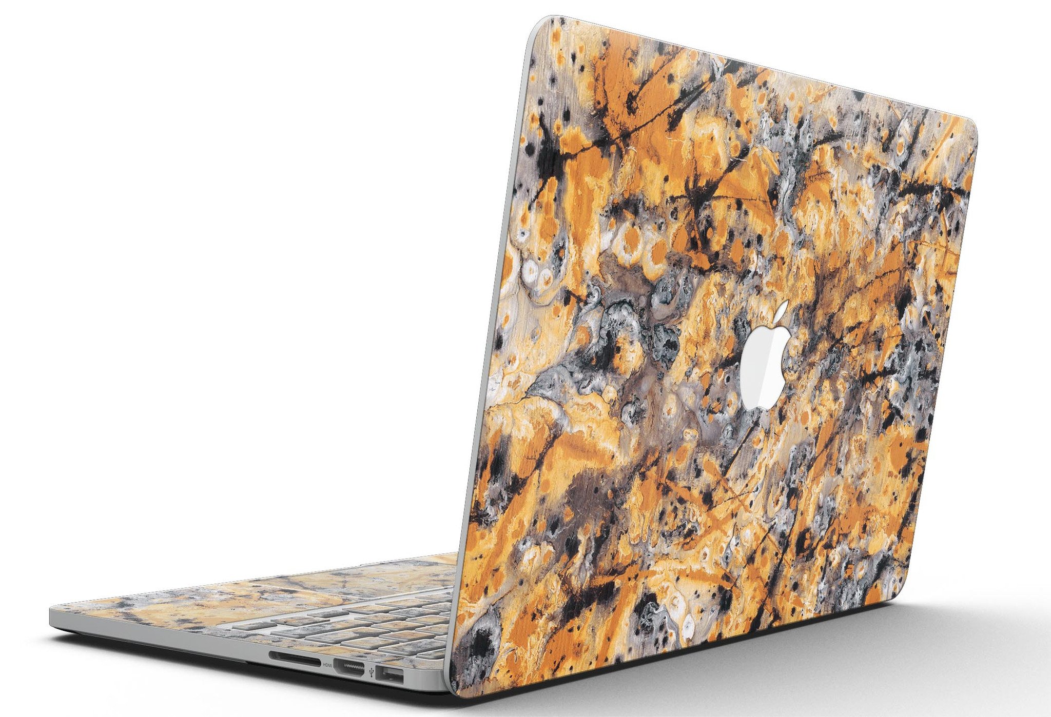 Abstract Wet Gold Paint skin for MacBook Pro with Retina Display, showcasing a stylish design that protects the device.