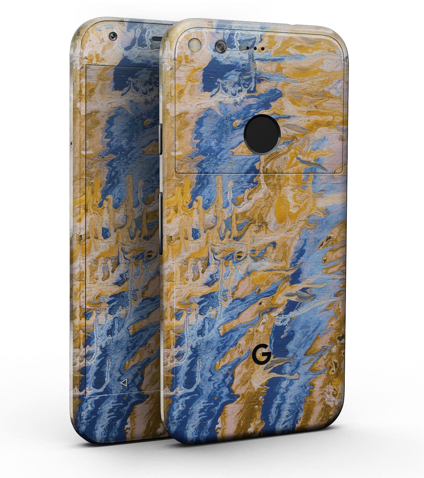 Abstract Wet Paint Blue and Gold Full-Body Skin Kit for Google Pixel, showcasing a vibrant design with a glossy finish.