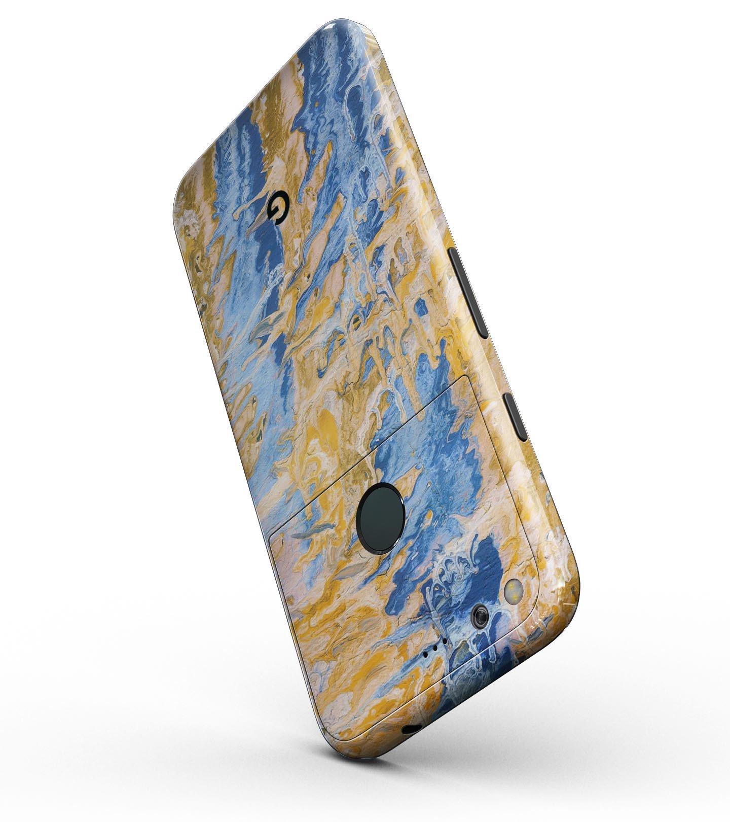 Abstract Wet Paint Blue and Gold Full-Body Skin Kit for Google Pixel, showcasing a vibrant design with a glossy finish.