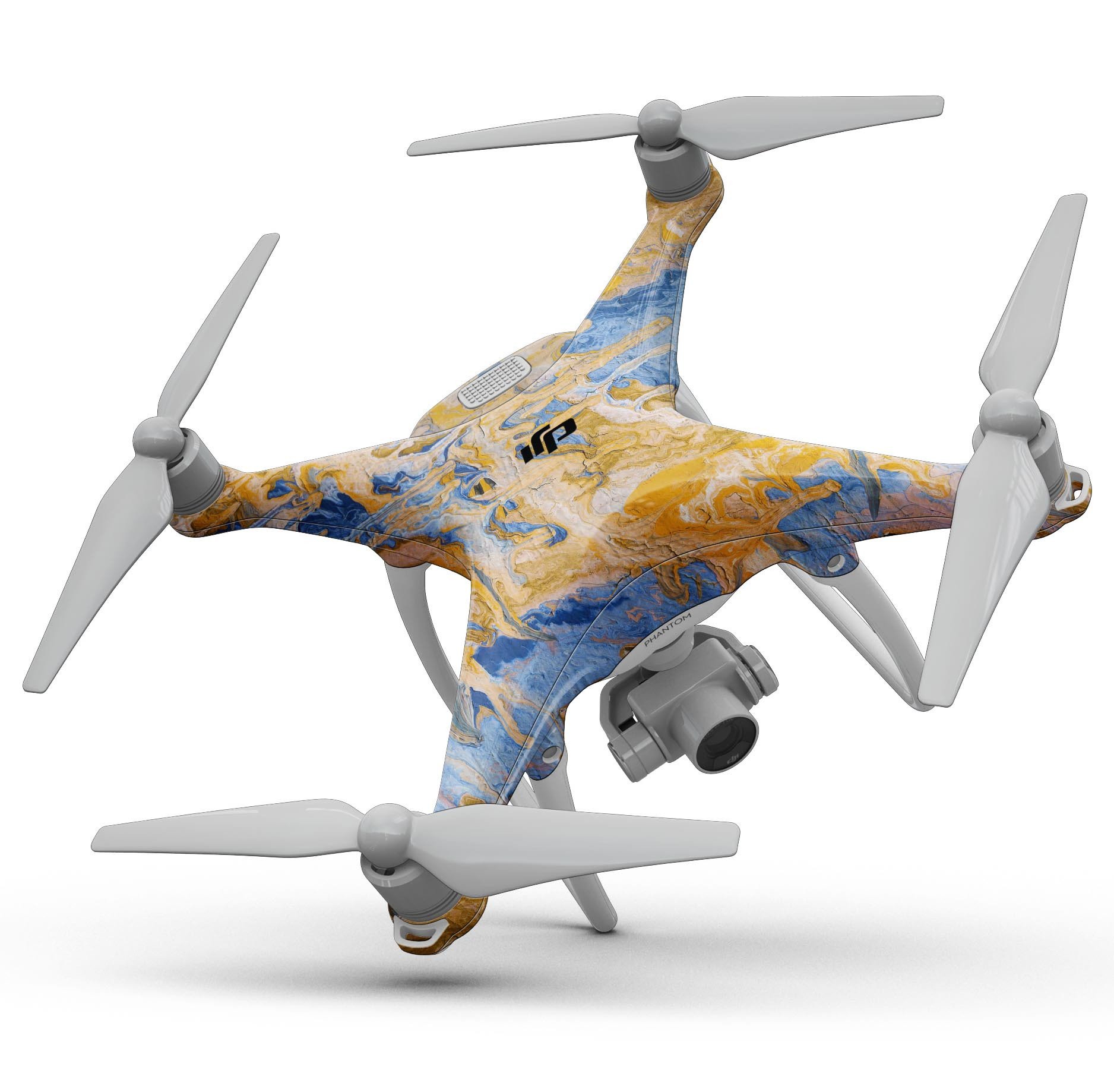 Abstract Wet Paint Blue and Gold Full-Body Skin Kit for DJI Phantom 4 Drone, showcasing vibrant colors and precision fit.