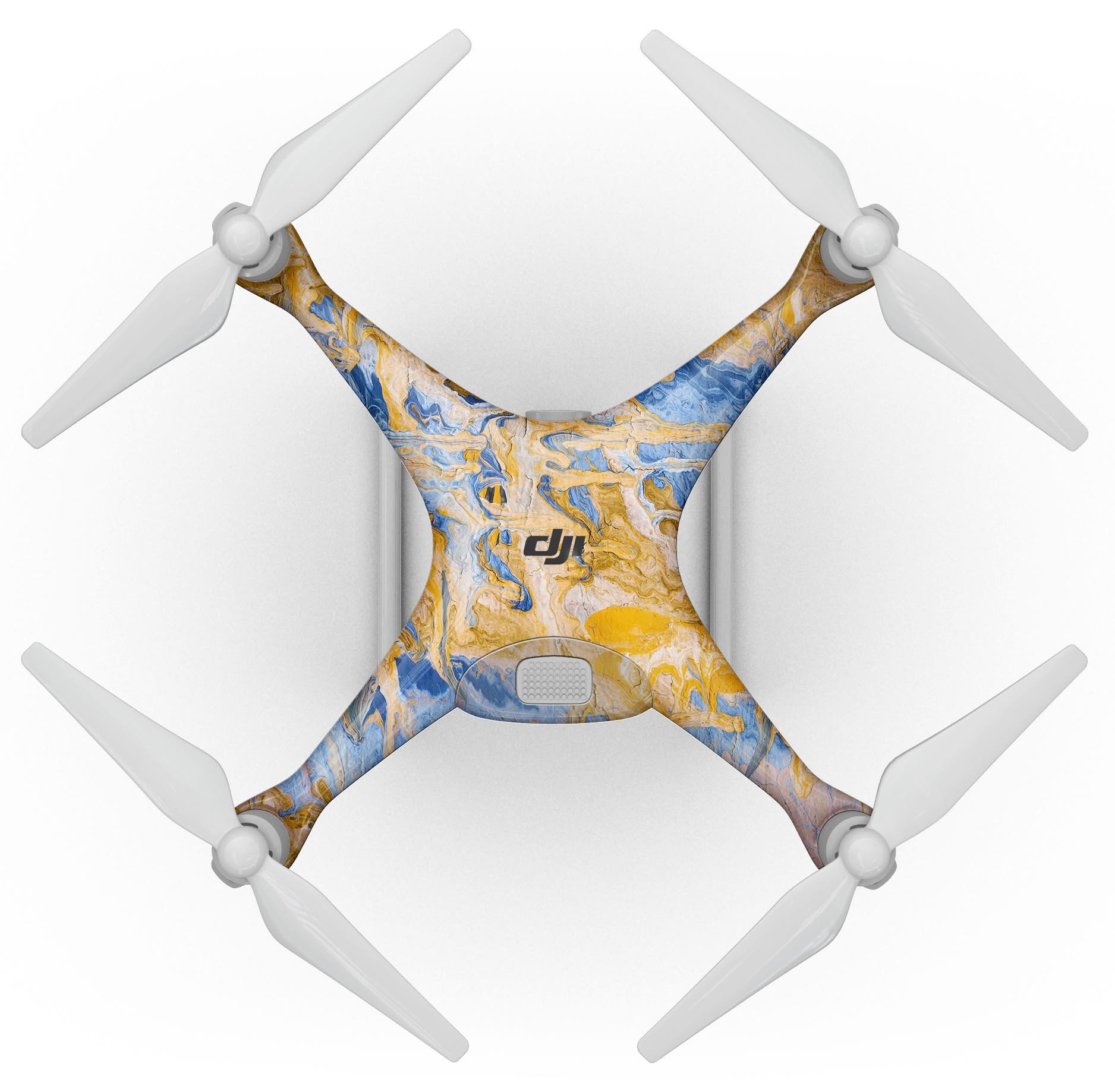 Abstract Wet Paint Blue and Gold Full-Body Skin Kit for DJI Phantom 4 Drone, showcasing vibrant colors and precision fit.