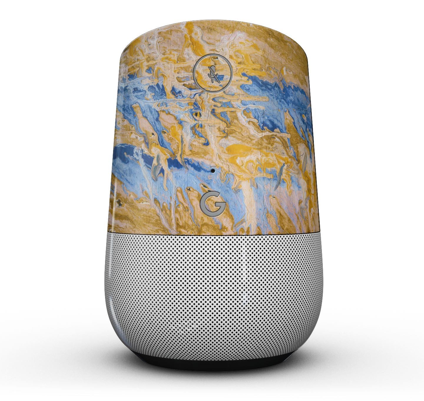 Abstract Wet Paint Blue and Gold Full-Body Skin Kit for Google Home Assistant, showcasing vibrant colors and sleek design.