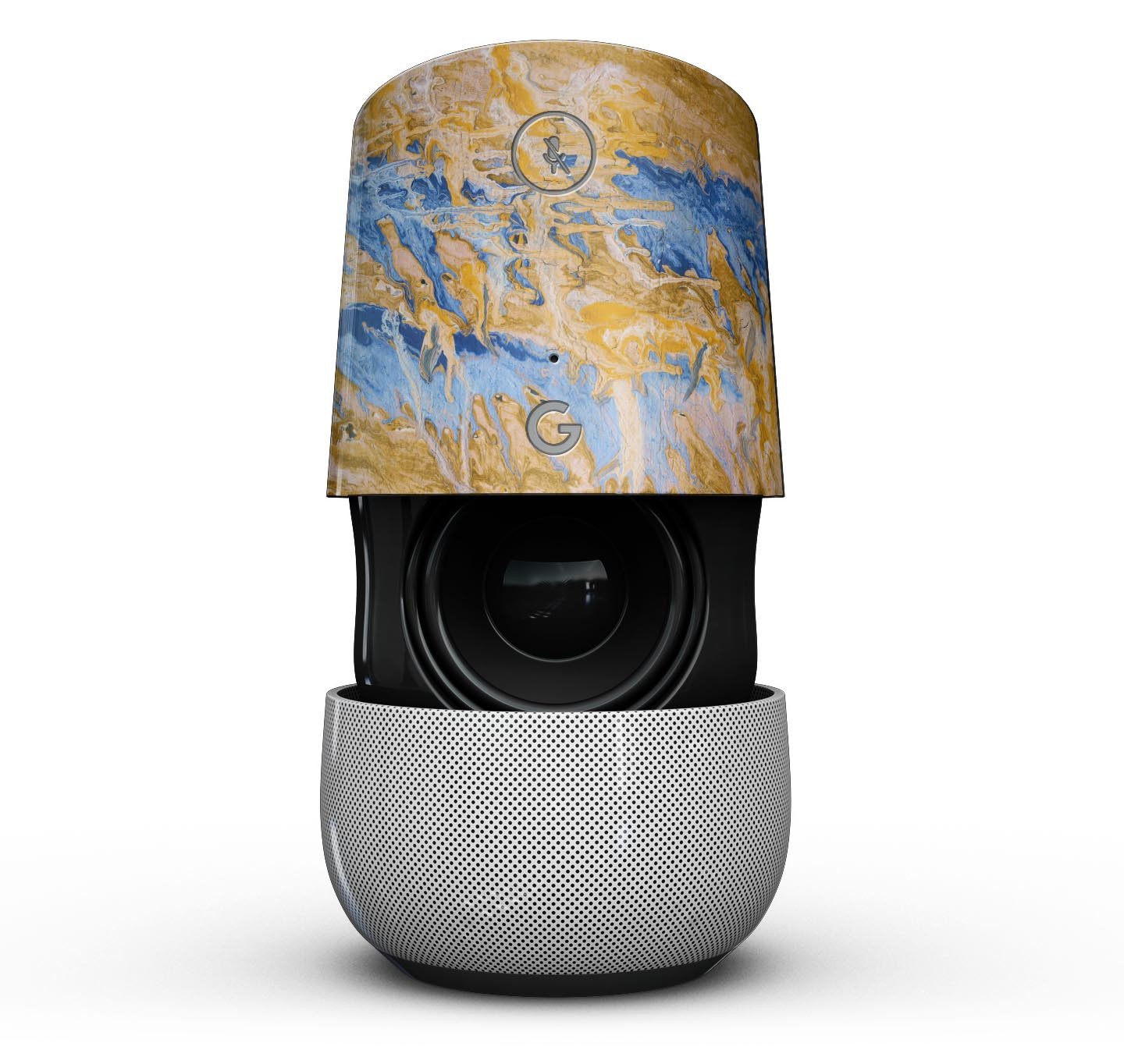 Abstract Wet Paint Blue and Gold Full-Body Skin Kit for Google Home Assistant, showcasing vibrant colors and sleek design.