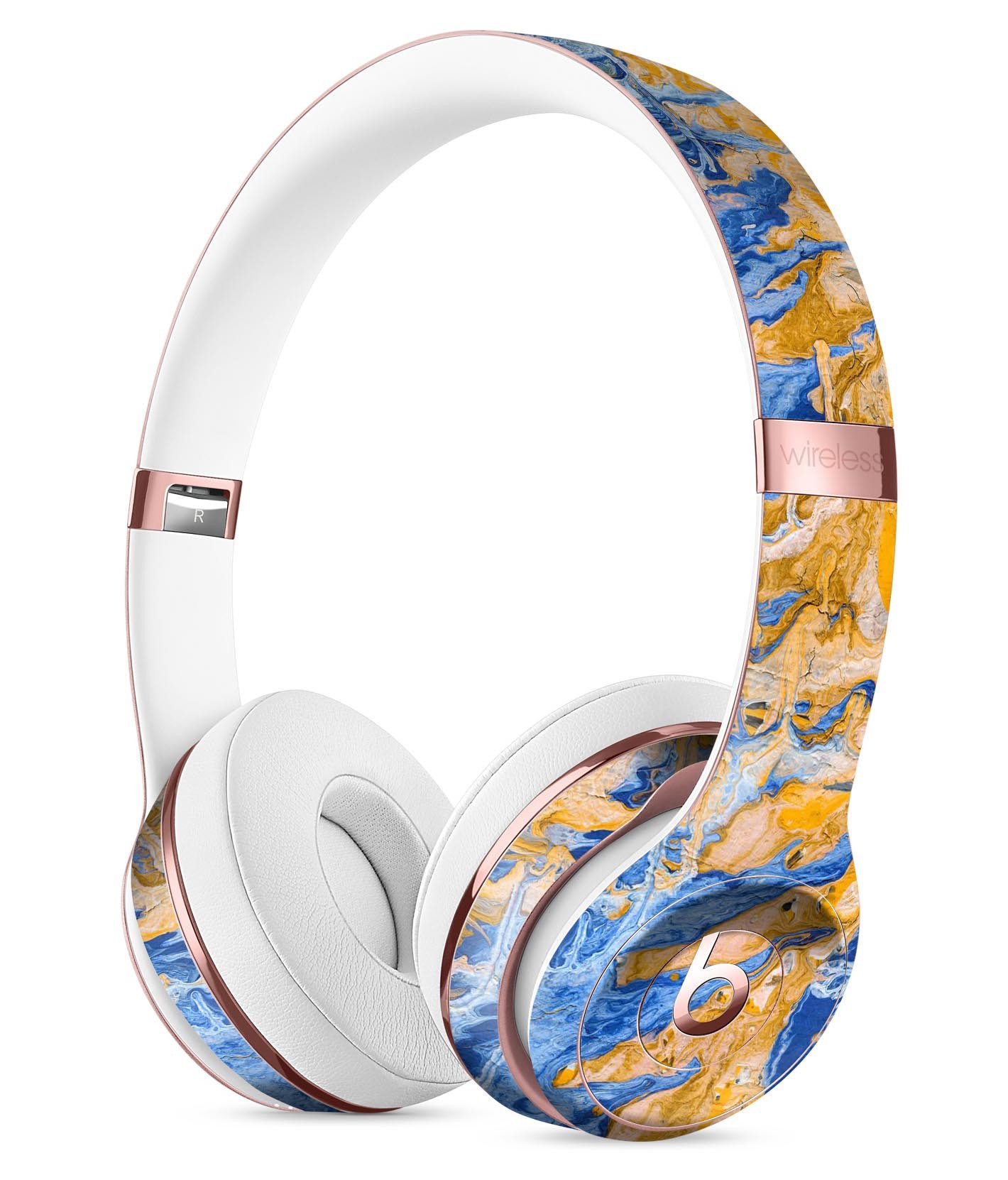 Abstract Wet Paint Blue and Gold Skin Kit for Beats by Dre Solo 3 Wireless Headphones, showcasing a vibrant design and precise fit.