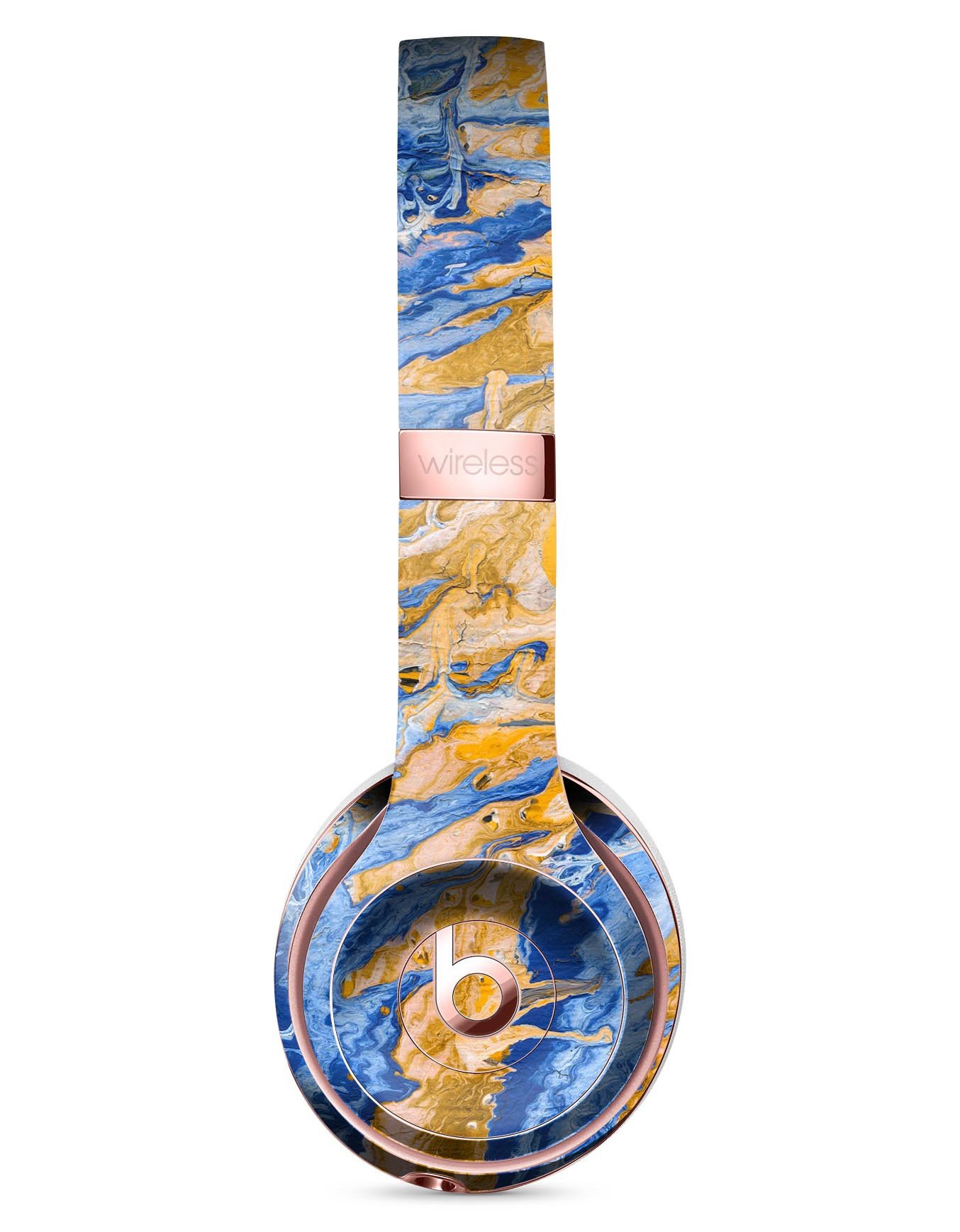 Abstract Wet Paint Blue and Gold Skin Kit for Beats by Dre Solo 3 Wireless Headphones, showcasing a vibrant design and precise fit.