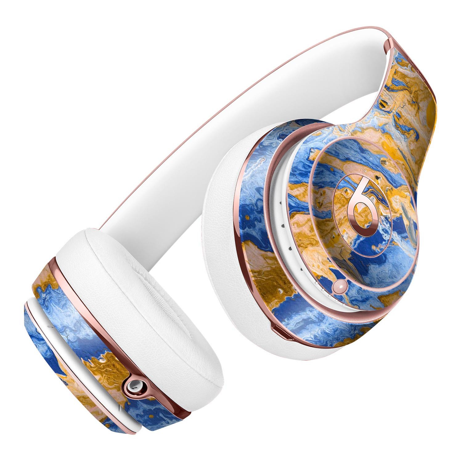 Abstract Wet Paint Blue and Gold Skin Kit for Beats by Dre Solo 3 Wireless Headphones, showcasing a vibrant design and precise fit.