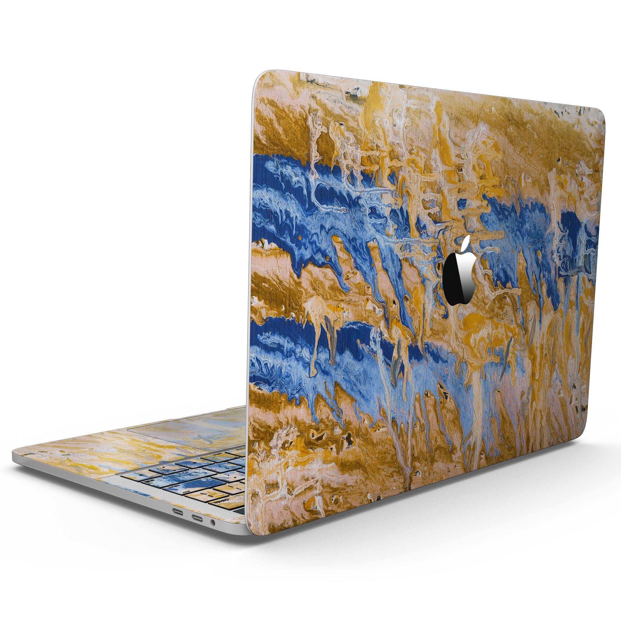 Abstract Wet Paint Blue and Gold Tilt skin for MacBook Pro, showcasing vibrant colors and artistic design, perfectly fitted for protection.