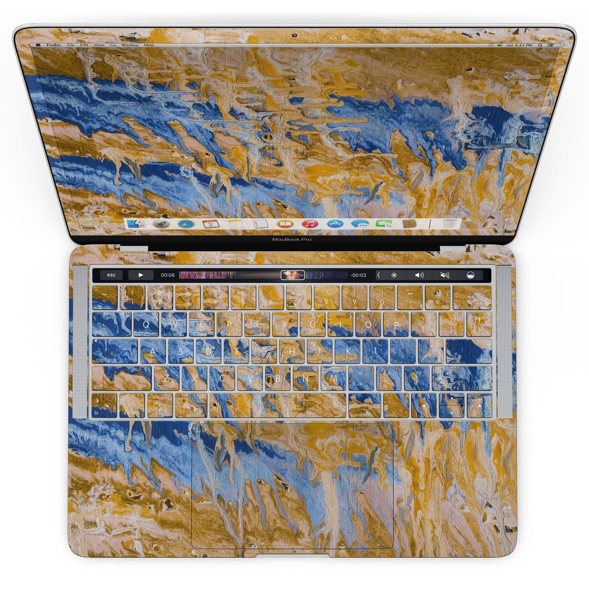 Abstract Wet Paint Blue and Gold Tilt skin for MacBook Pro, showcasing vibrant colors and artistic design, perfectly fitted for protection.