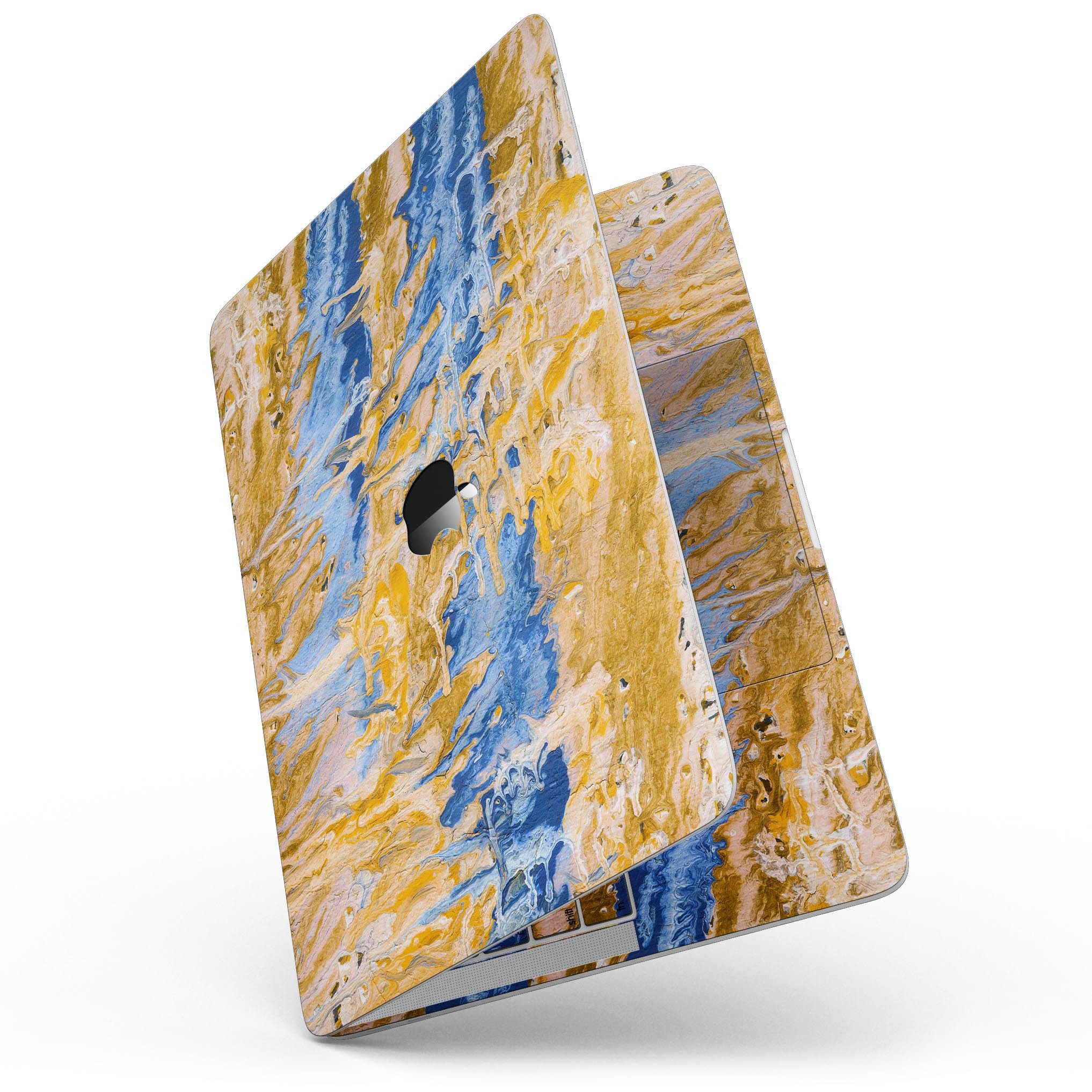 Abstract Wet Paint Blue and Gold Tilt skin for MacBook Pro, showcasing vibrant colors and artistic design, perfectly fitted for protection.