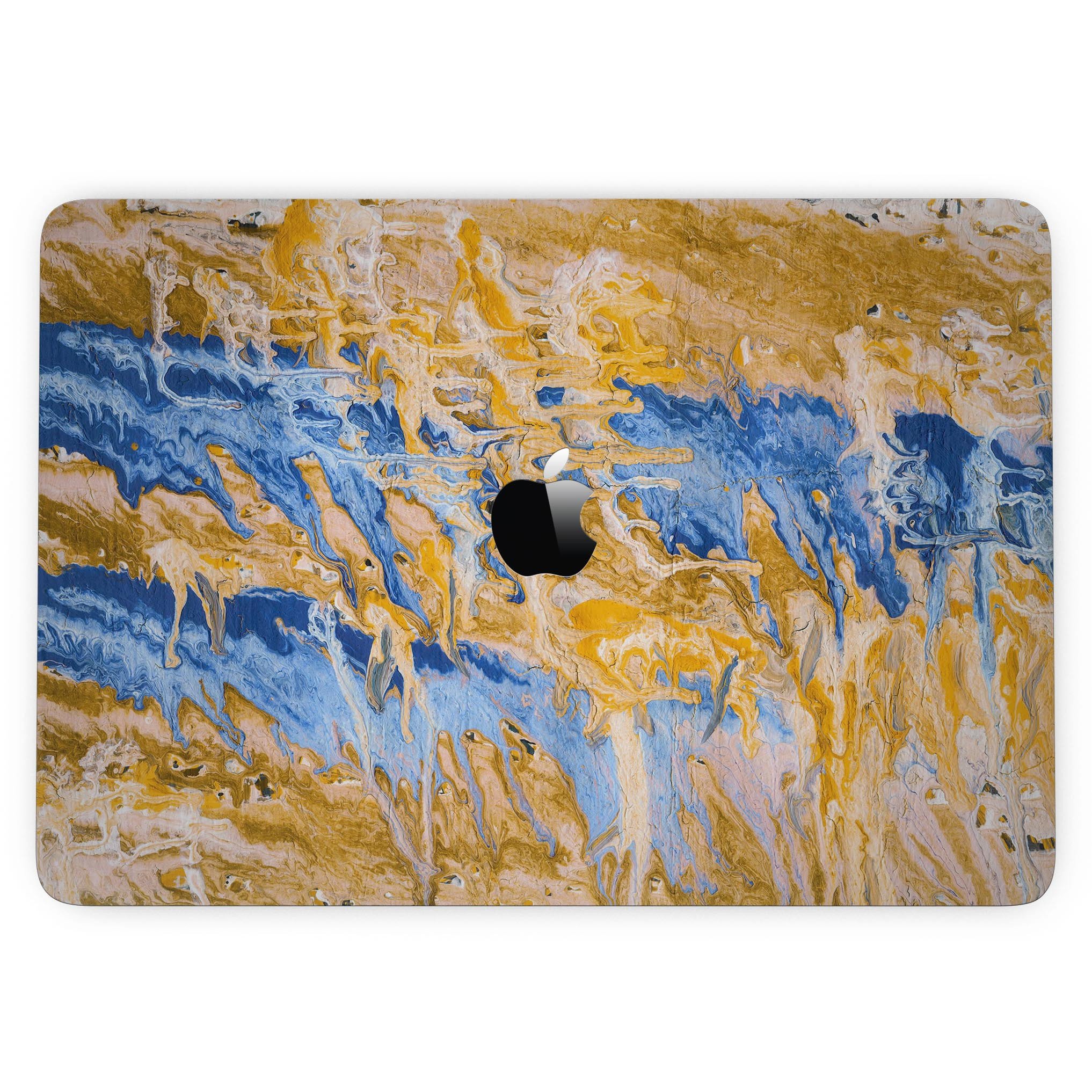 Abstract Wet Paint Blue and Gold Tilt skin for MacBook Pro, showcasing vibrant colors and artistic design, perfectly fitted for protection.