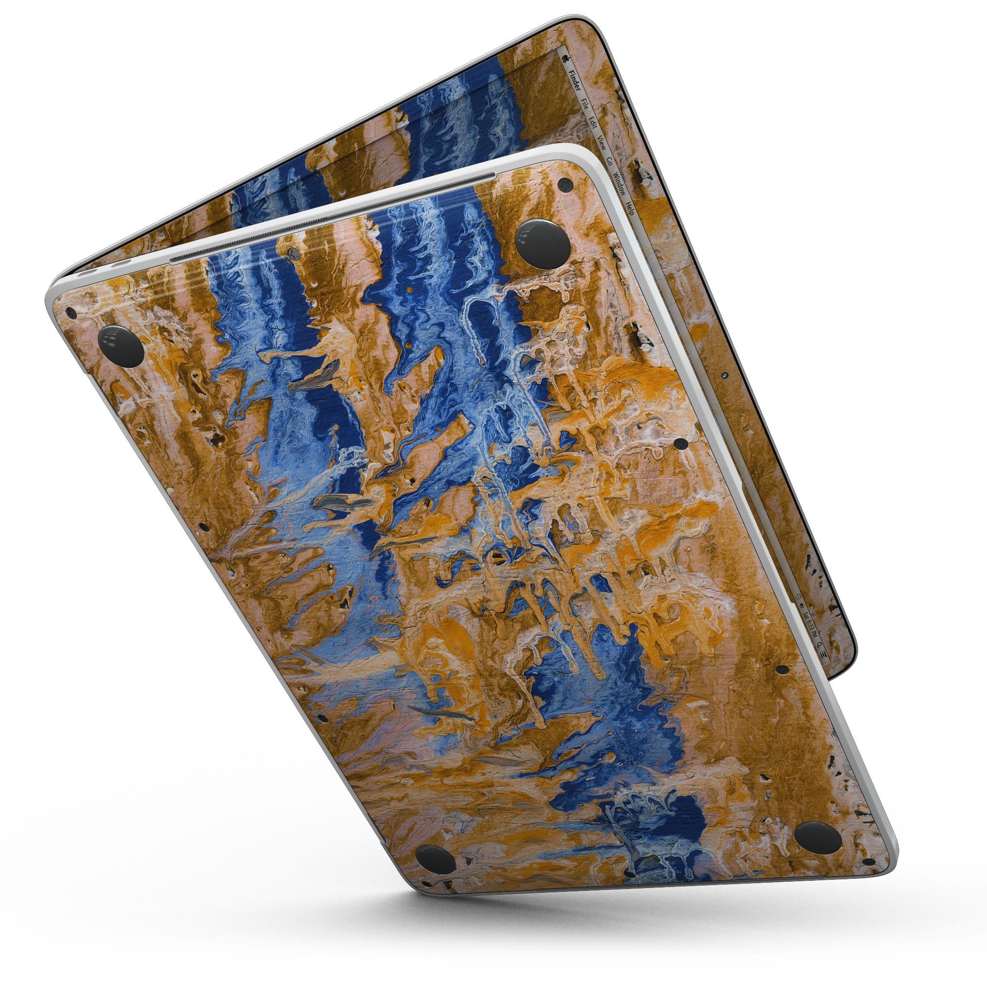 Abstract Wet Paint Blue and Gold Tilt skin for MacBook Pro, showcasing vibrant colors and artistic design, perfectly fitted for protection.