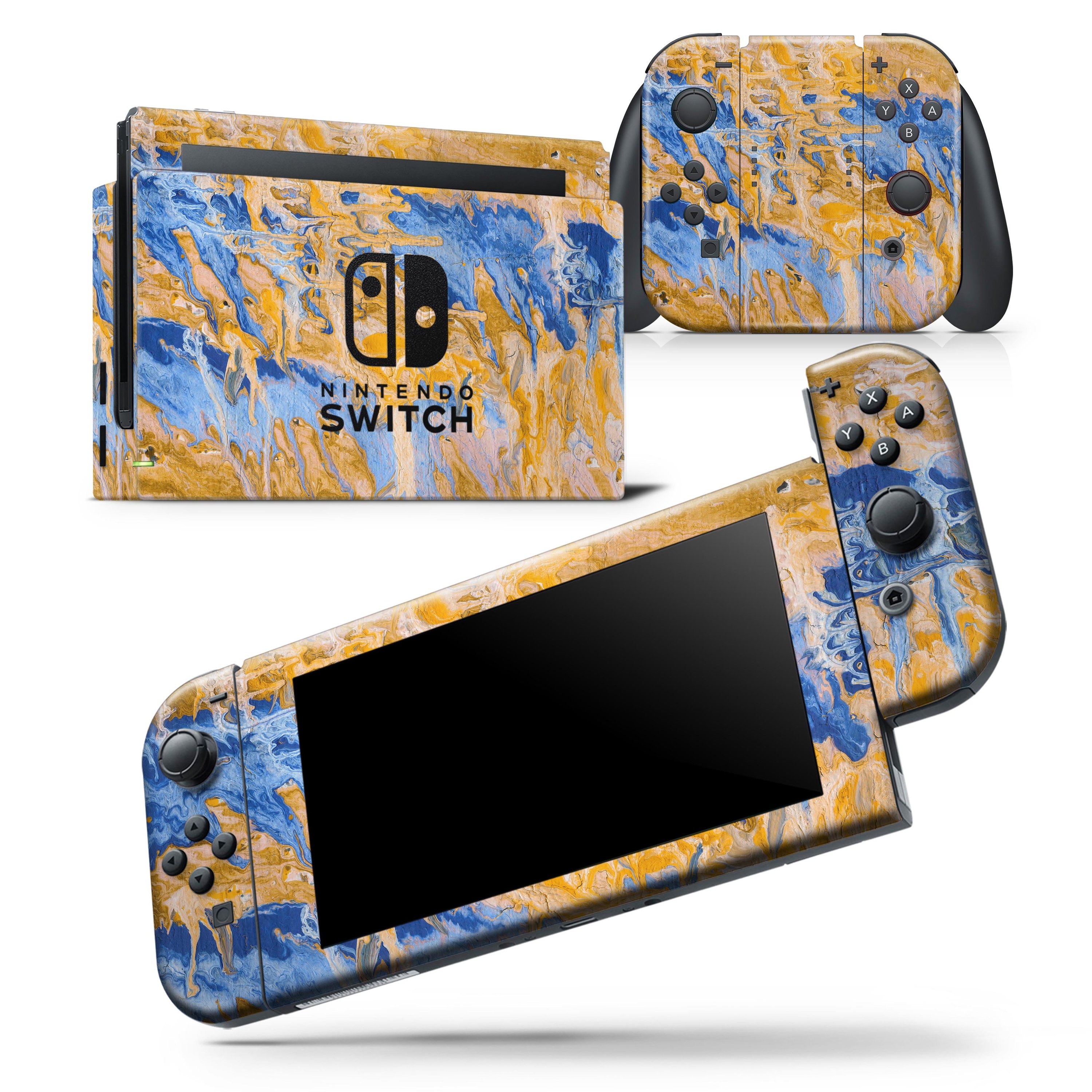 Abstract Wet Paint Blue and Gold skin wrap decal for Nintendo Switch, showcasing vibrant colors and a stylish design.