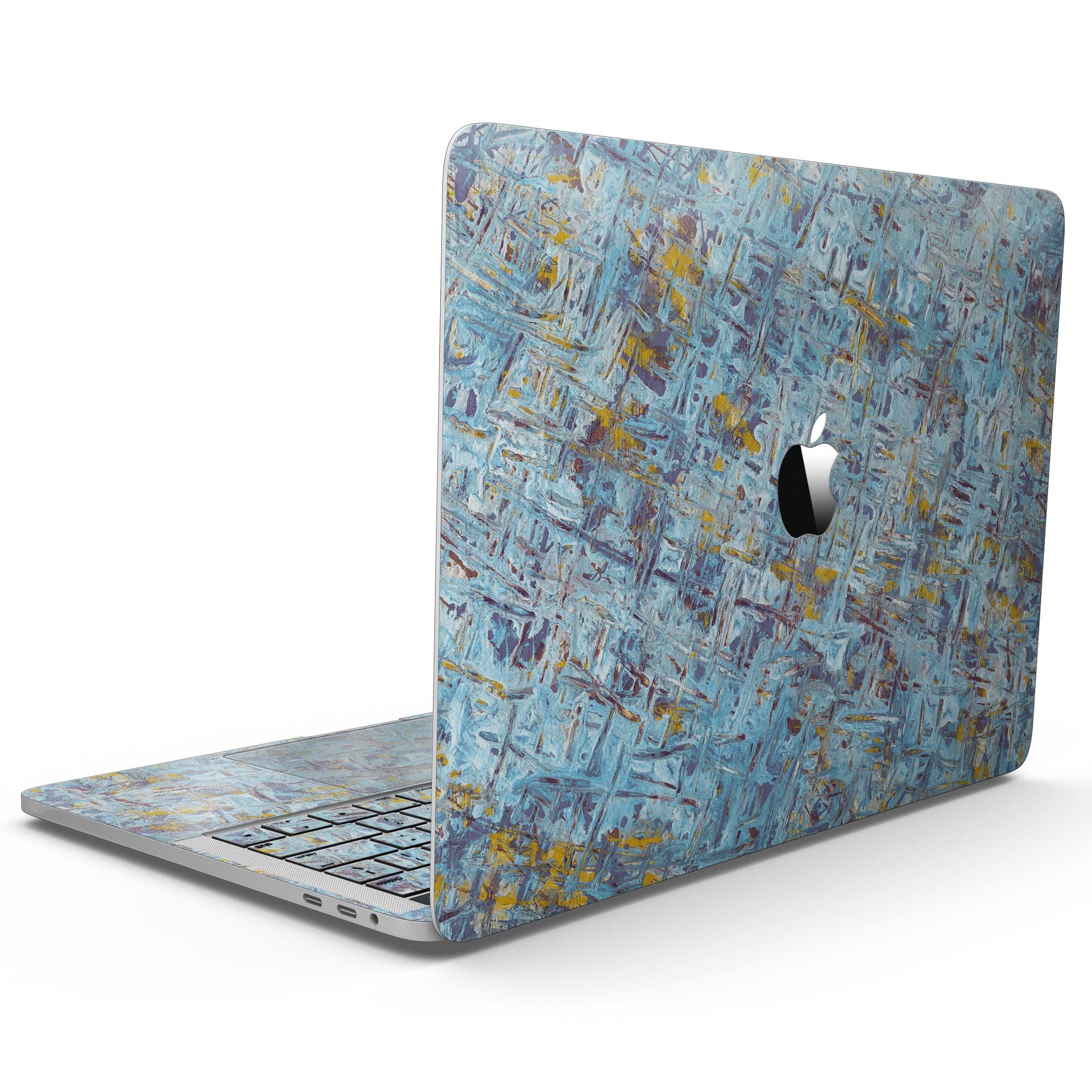 Abstract Wet Paint Blue Crossed skin for 13" MacBook Pro without Touch Bar, showcasing vibrant colors and unique design.