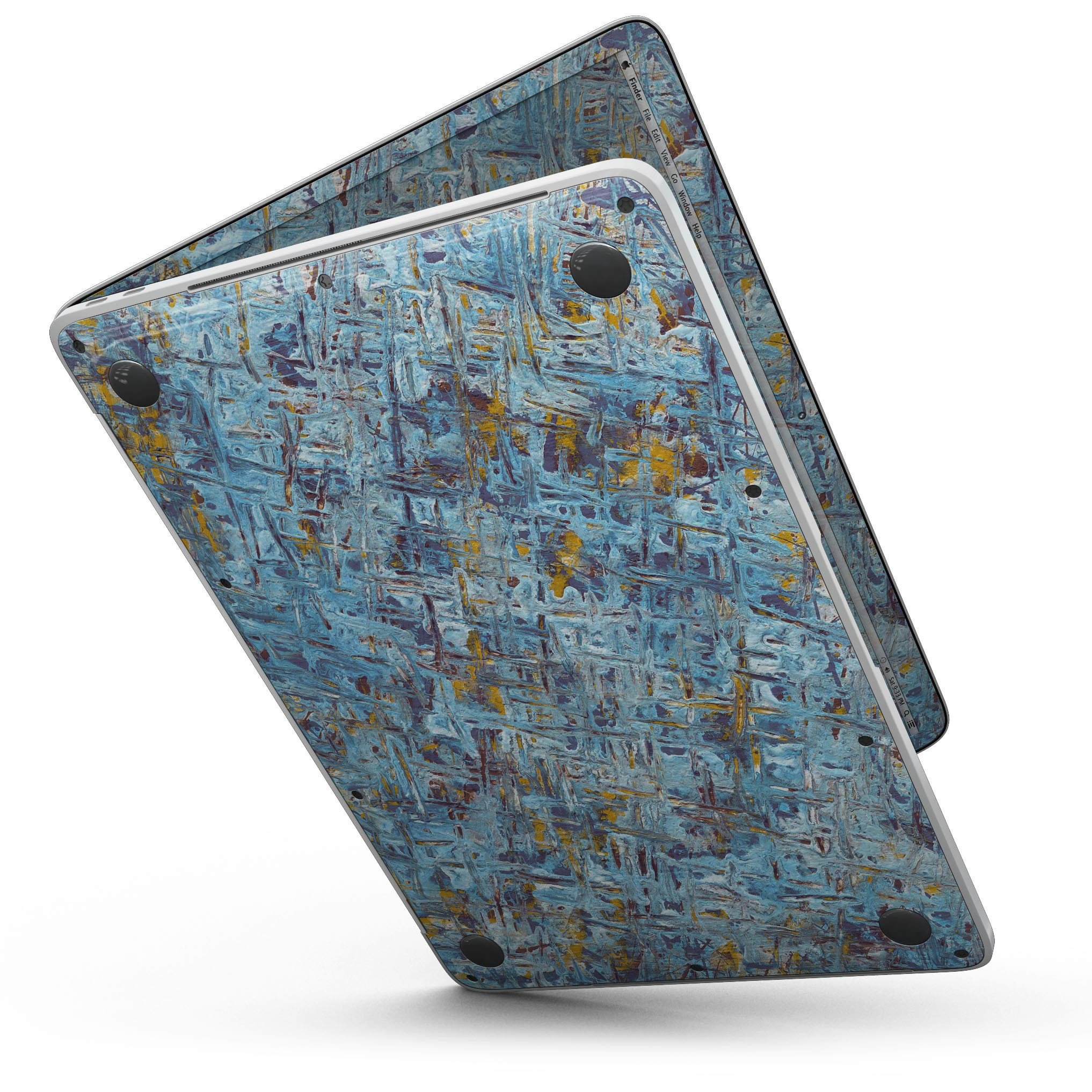 Abstract Wet Paint Blue Crossed skin for 13" MacBook Pro without Touch Bar, showcasing vibrant colors and unique design.