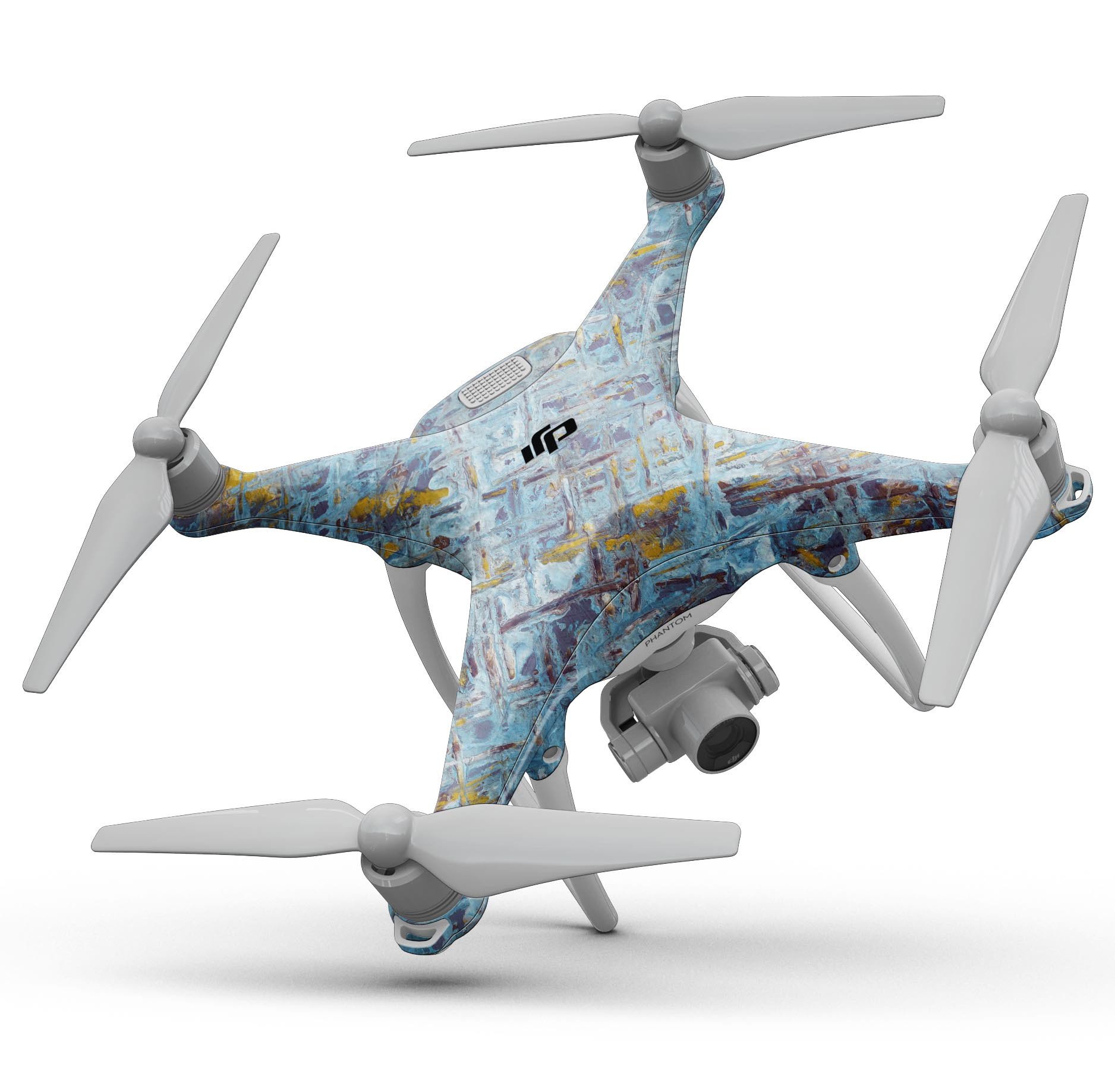 Abstract Wet Paint Blue Crossed Full-Body Skin Kit for DJI Phantom 4, showcasing vibrant colors and unique design.