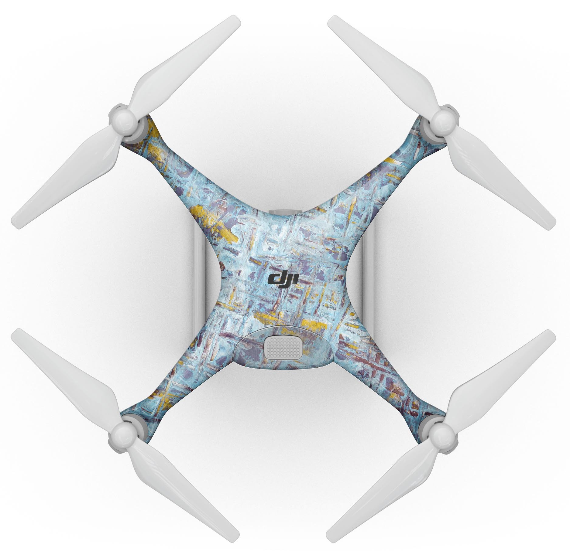 Abstract Wet Paint Blue Crossed Full-Body Skin Kit for DJI Phantom 4, showcasing vibrant colors and unique design.