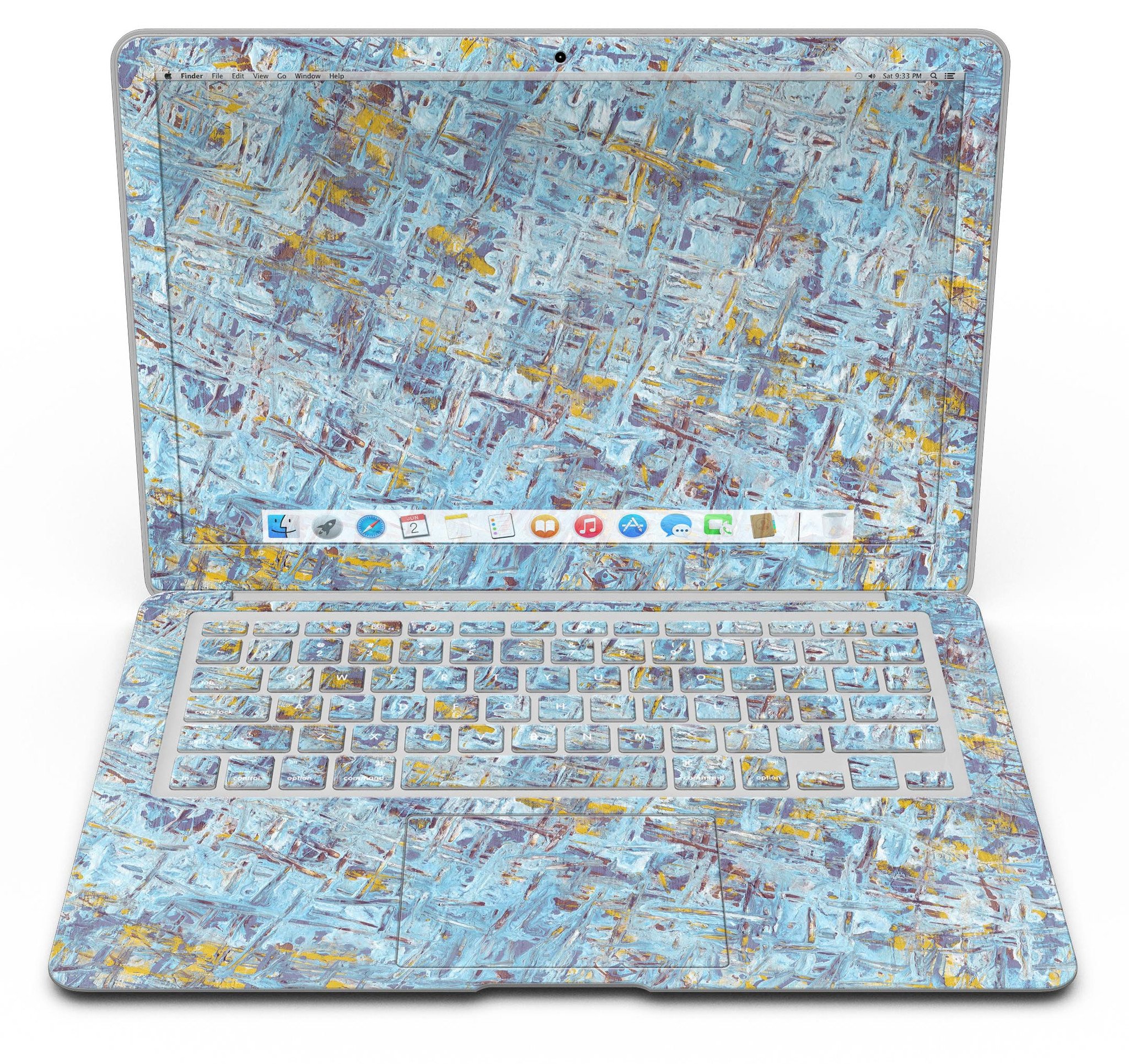 Abstract Wet Paint Blue Crossed skin kit for MacBook Air, showcasing a vibrant blue design with crossed patterns, perfect for personalizing your device.