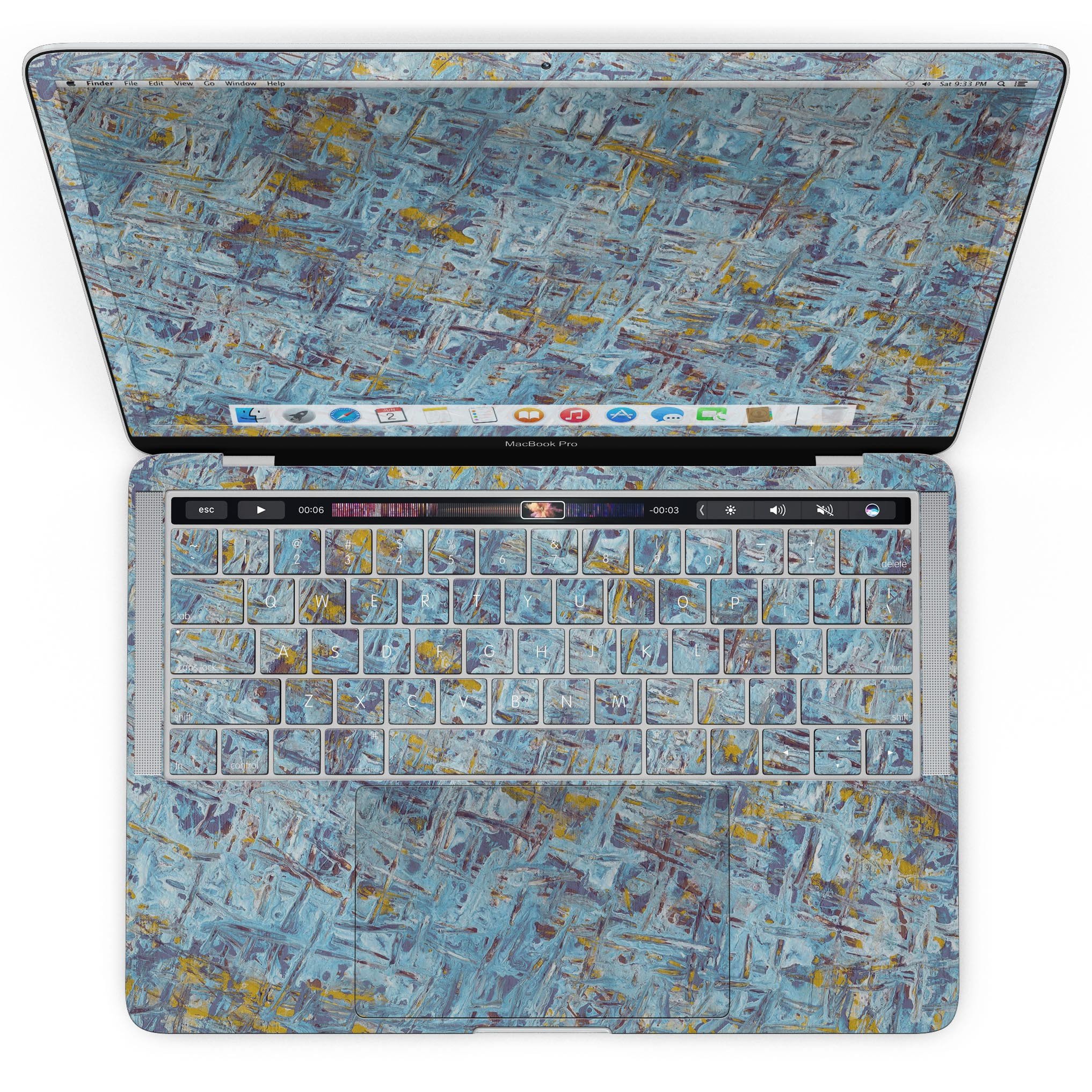 Abstract Wet Paint Blue Crossed skin for MacBook Pro, showcasing vibrant blue design on a sleek device.