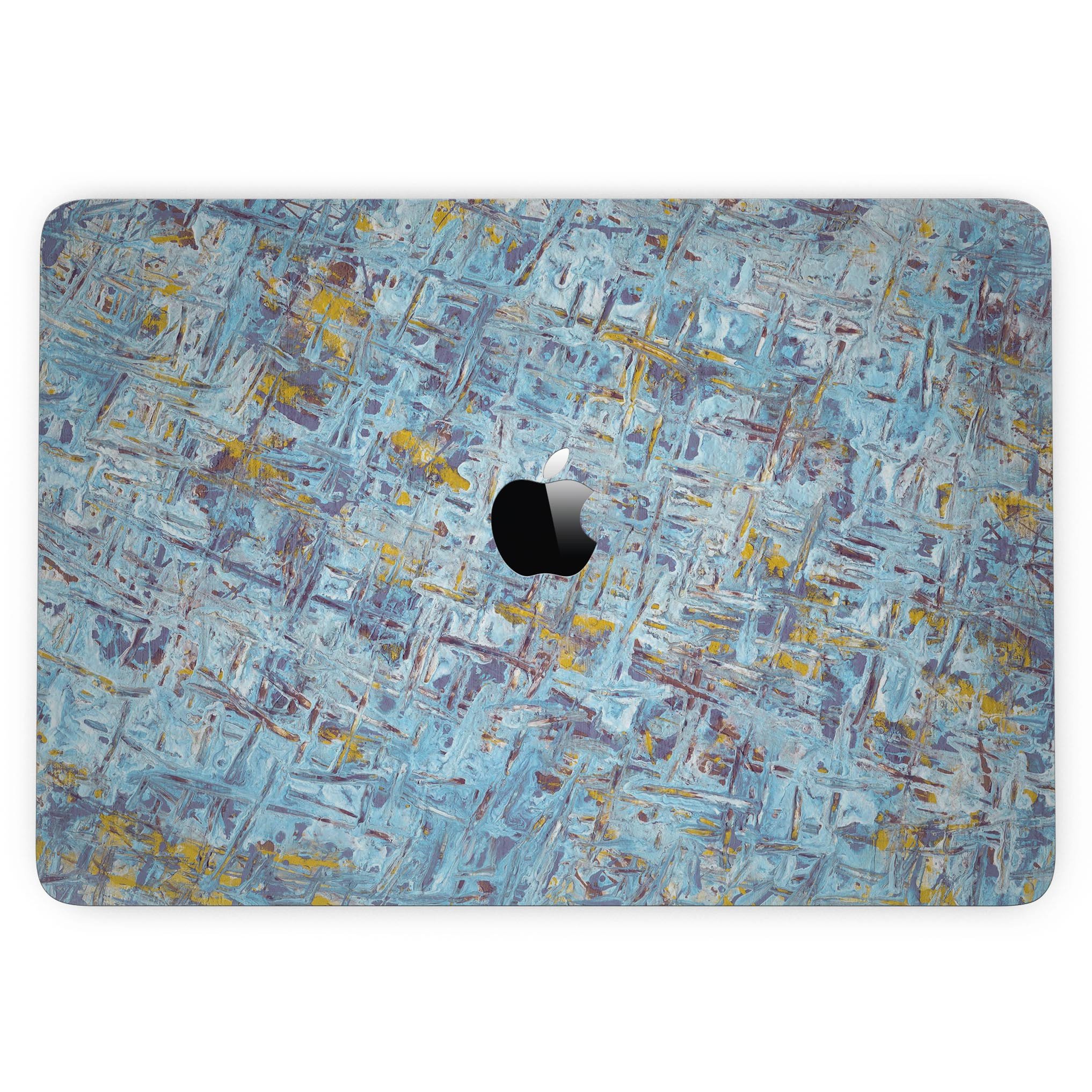 Abstract Wet Paint Blue Crossed skin for MacBook Pro, showcasing vibrant blue design on a sleek device.