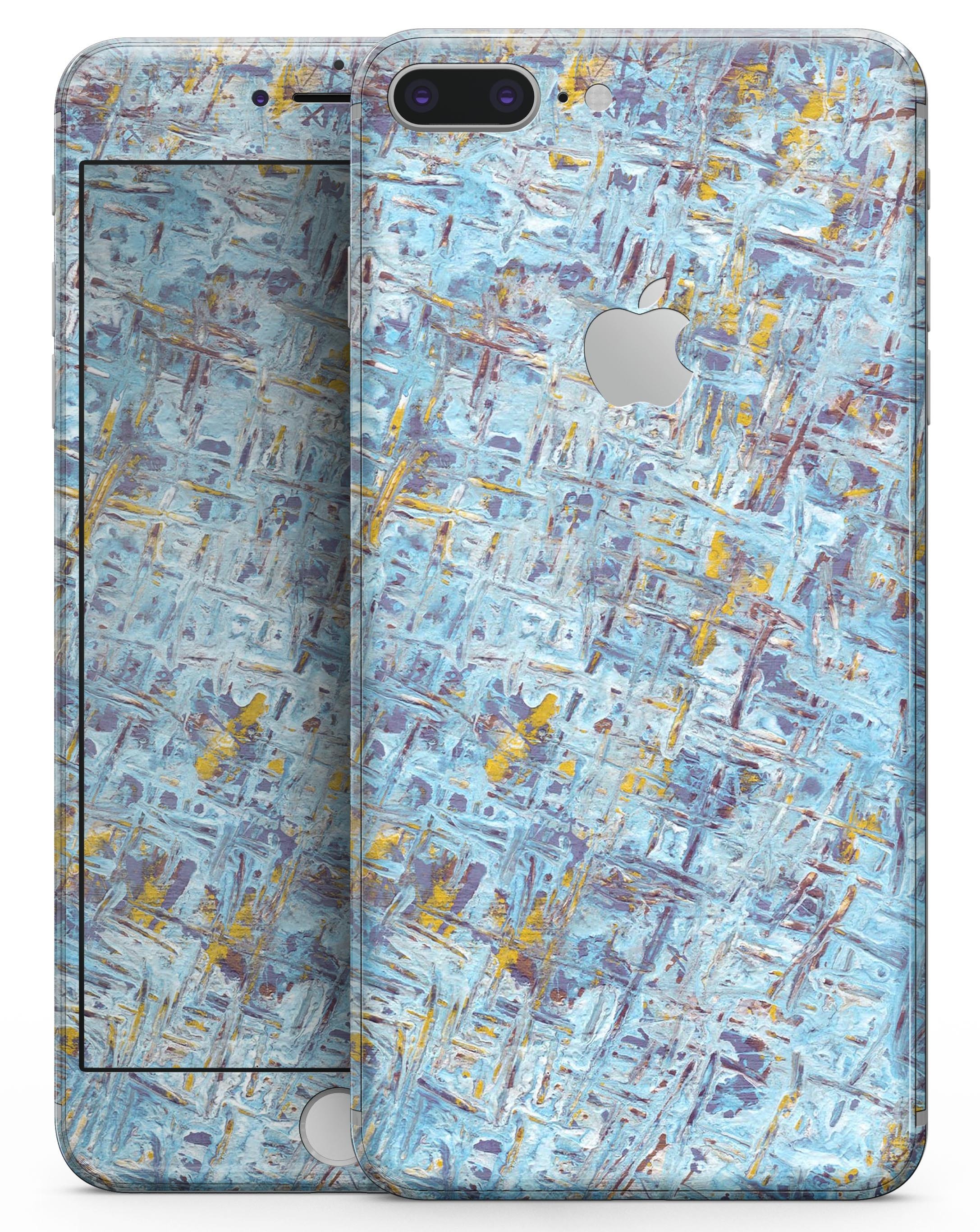 Abstract Wet Paint Blue Crossed skin for iPhone 8 and 8 Plus, showcasing a stylish design with a blue paint effect.