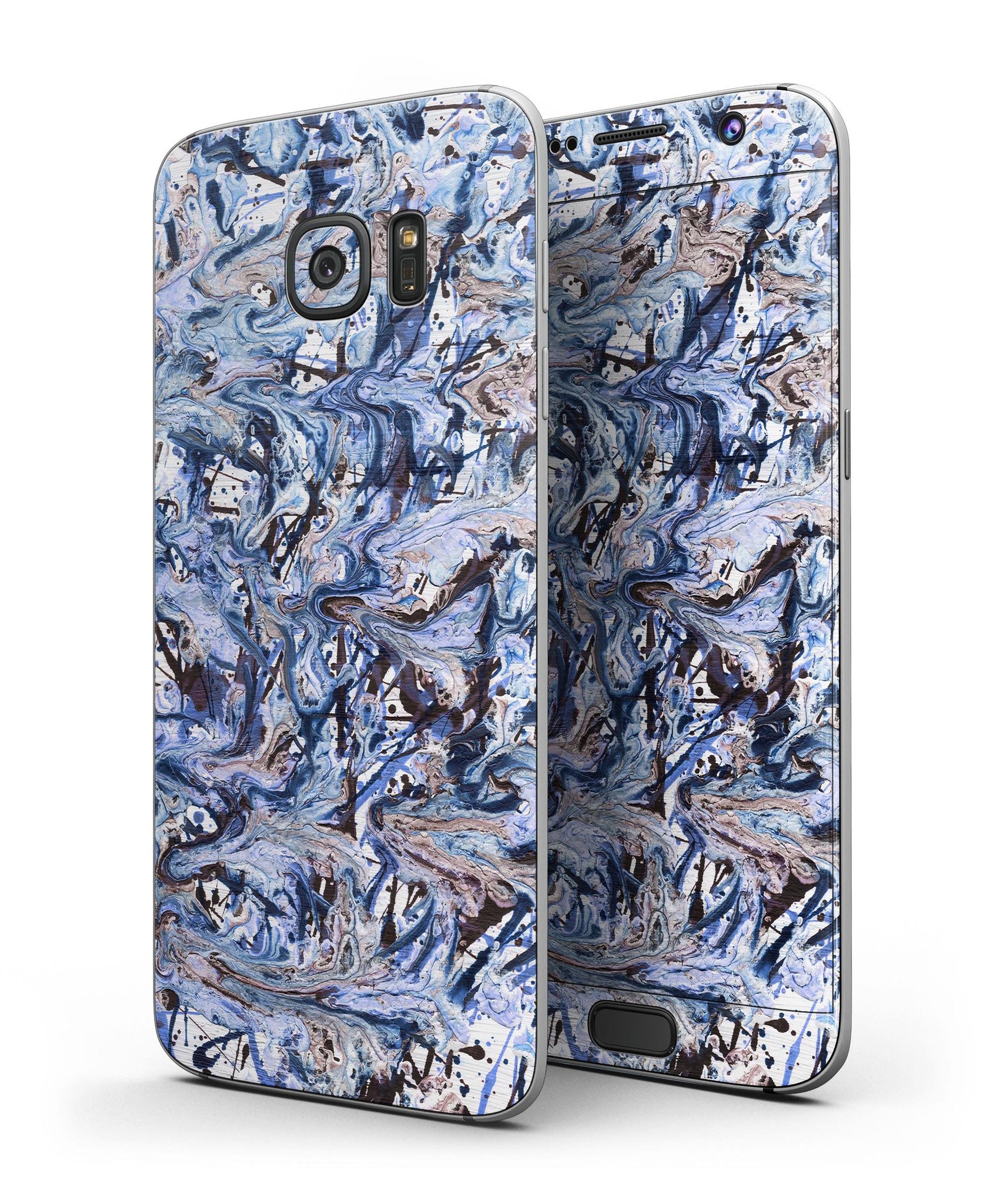 Abstract Wet Paint Blues skin kit for Samsung Galaxy S7 and S7 Edge, showcasing vibrant colors and premium vinyl material.