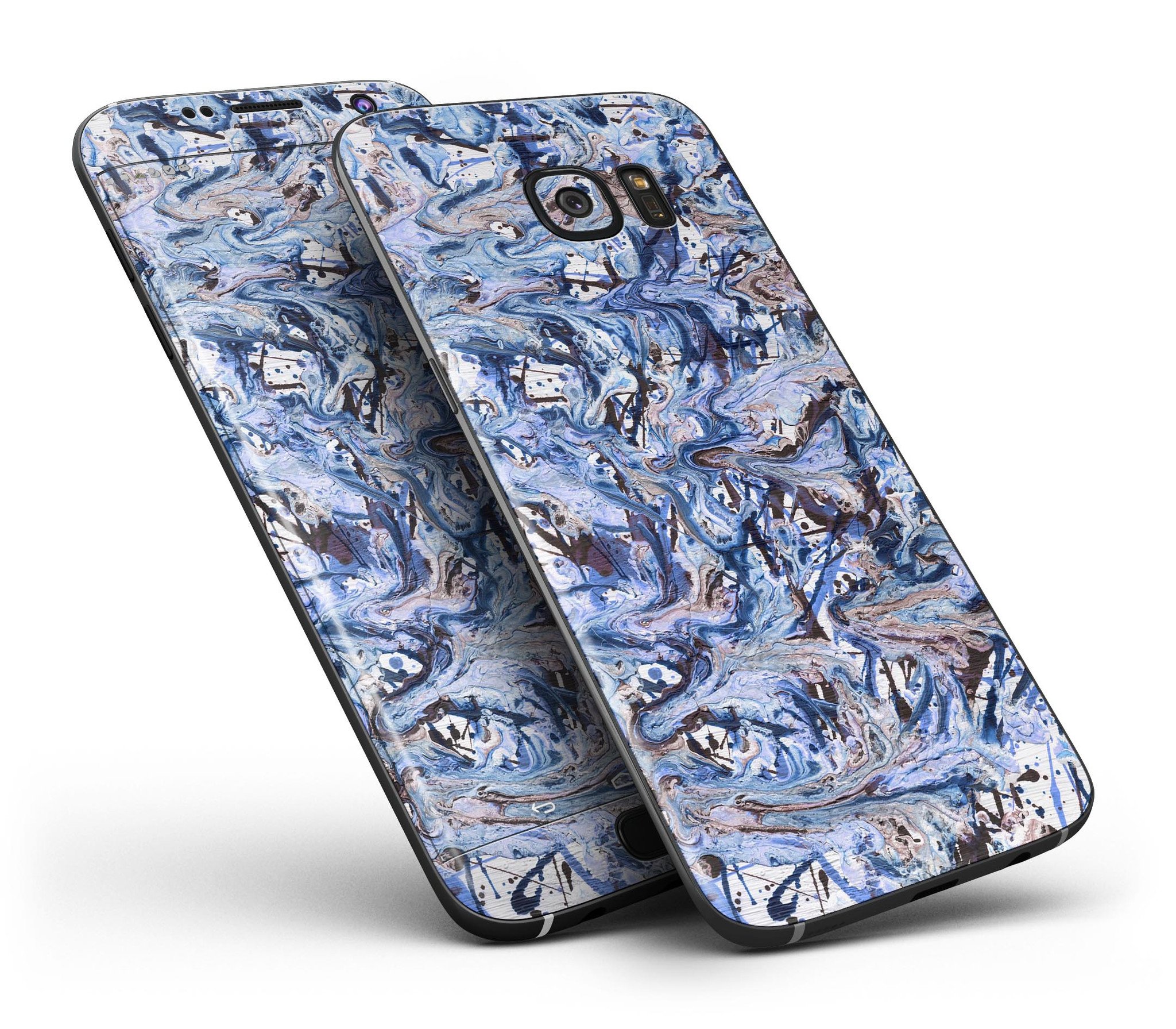 Abstract Wet Paint Blues skin kit for Samsung Galaxy S7 and S7 Edge, showcasing vibrant colors and premium vinyl material.