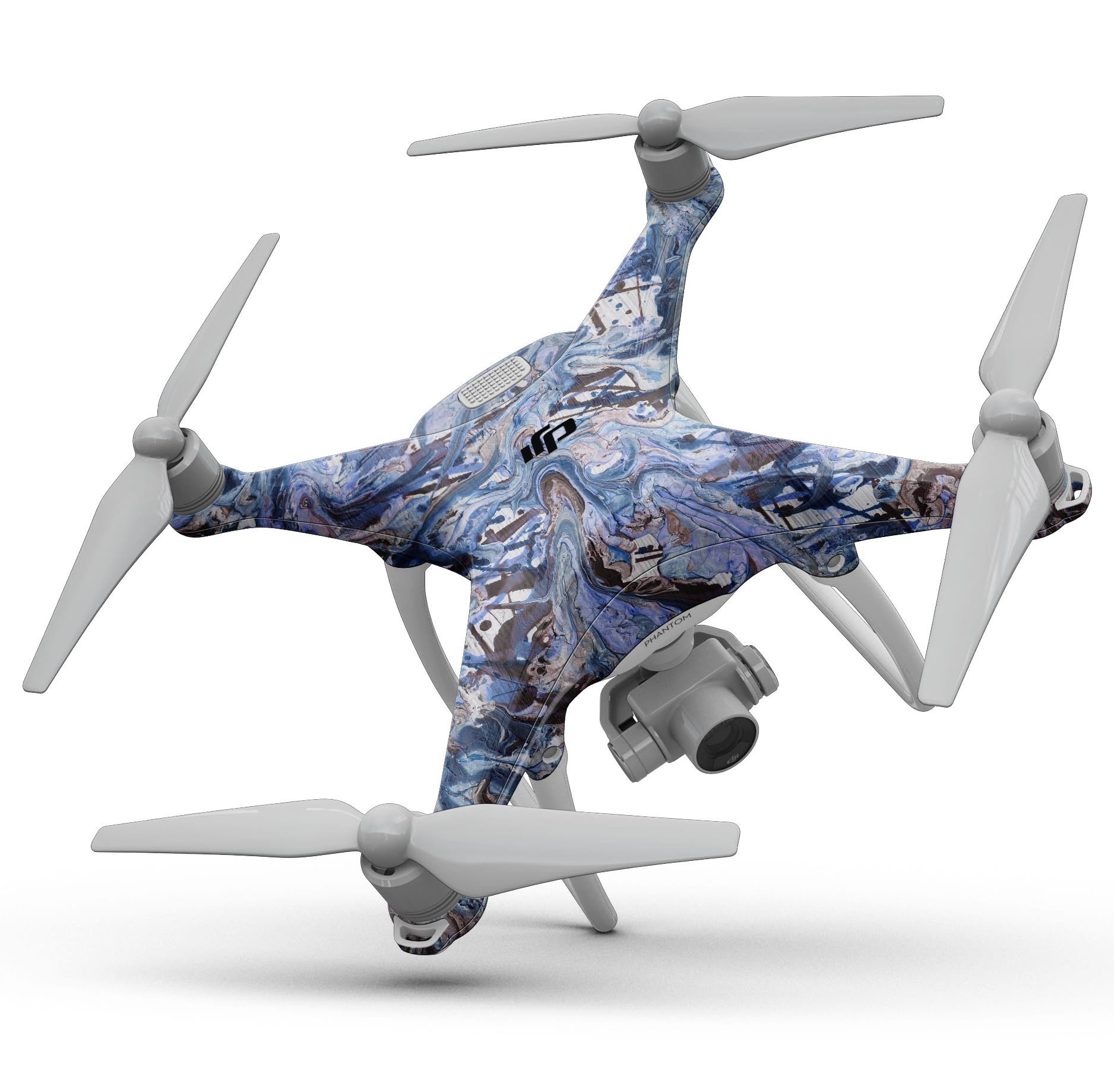 Abstract Wet Paint Blues Full-Body Skin Kit for DJI Phantom 4, showcasing vibrant colors and precision fit design.