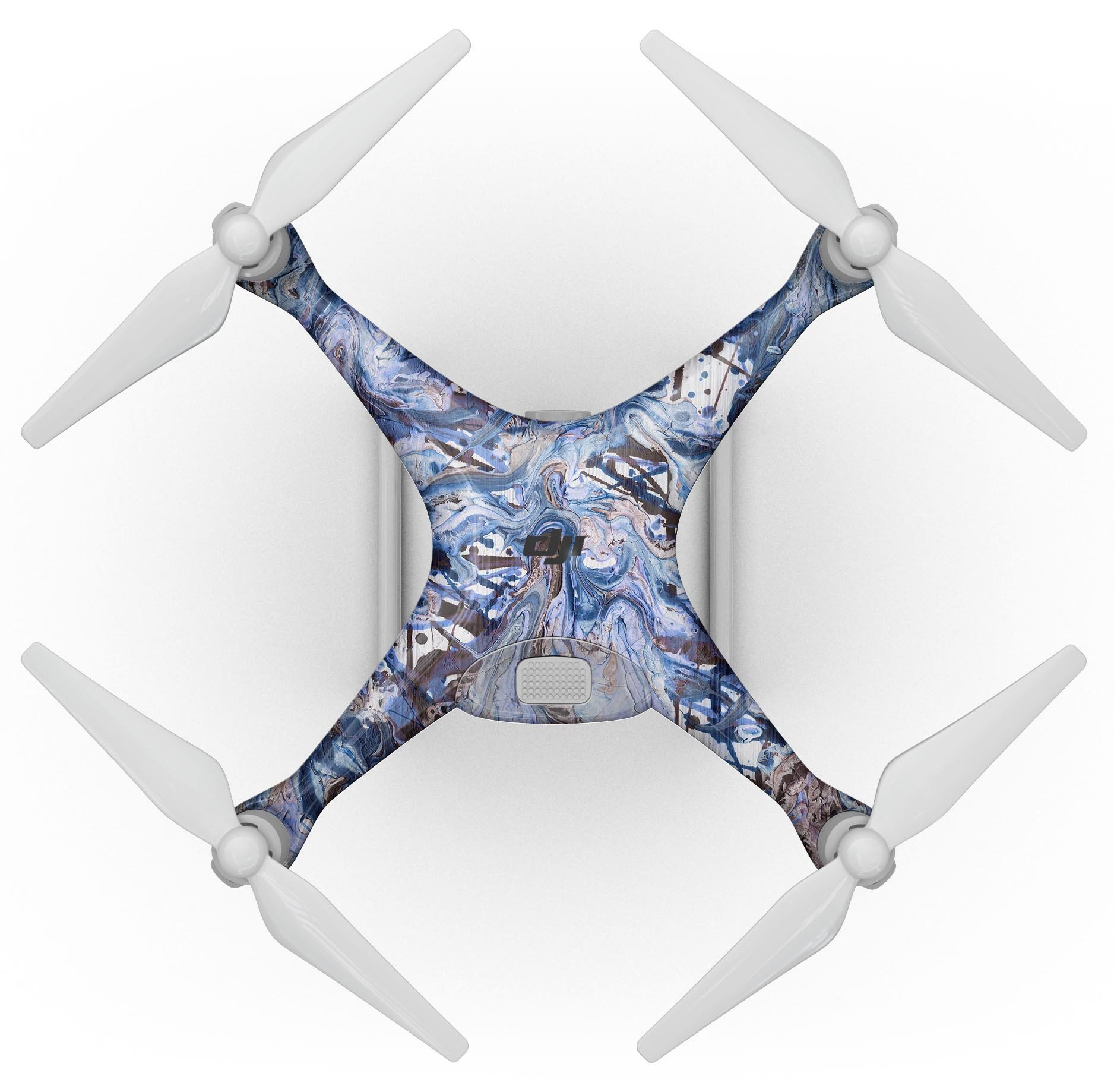 Abstract Wet Paint Blues Full-Body Skin Kit for DJI Phantom 4, showcasing vibrant colors and precision fit design.