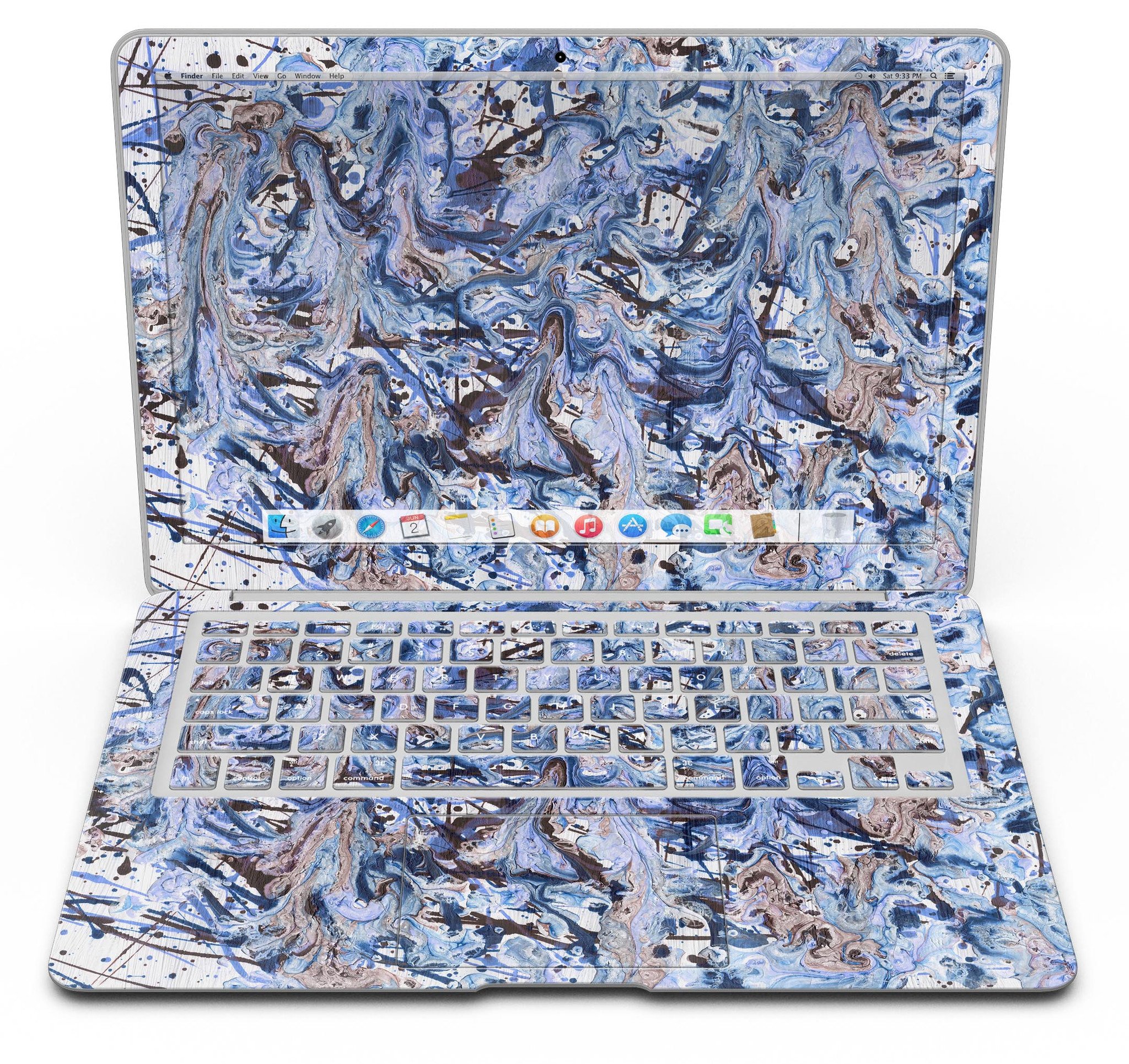 Abstract Wet Paint Blues skin kit for MacBook Air, showcasing vibrant colors and unique design.