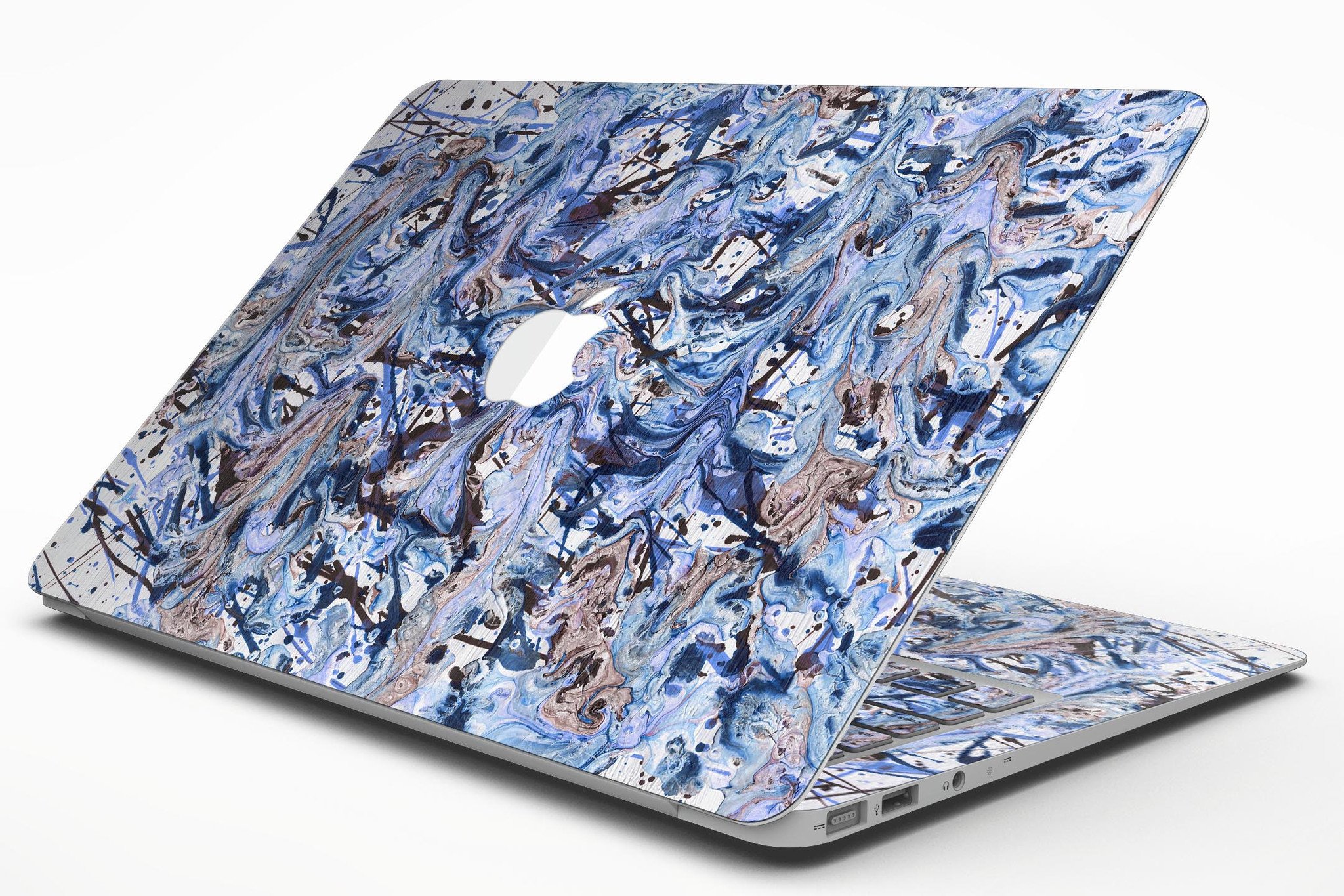 Abstract Wet Paint Blues skin kit for MacBook Air, showcasing vibrant colors and unique design.