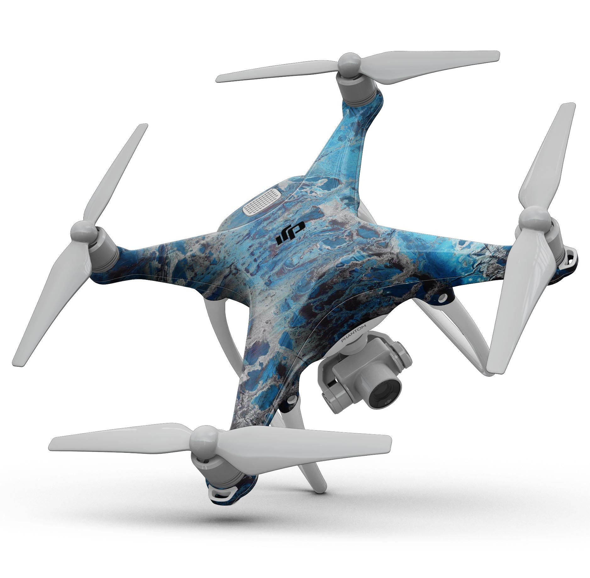 Abstract Wet Paint Blues v8 Full-Body Skin Kit for DJI Phantom 4, showcasing vibrant colors and precision fit design.