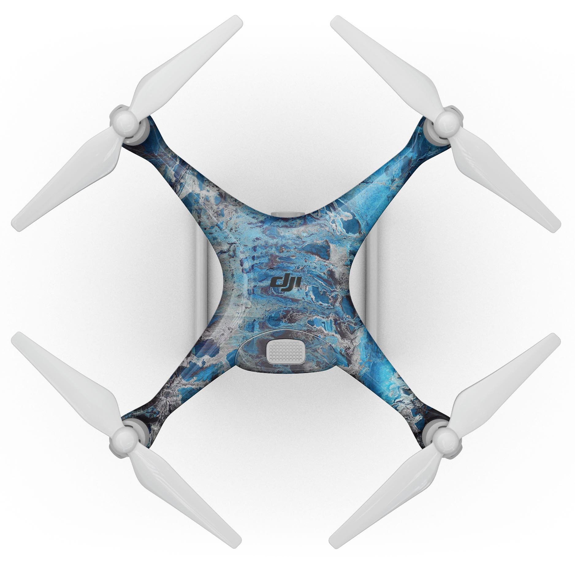 Abstract Wet Paint Blues v8 Full-Body Skin Kit for DJI Phantom 4, showcasing vibrant colors and precision fit design.