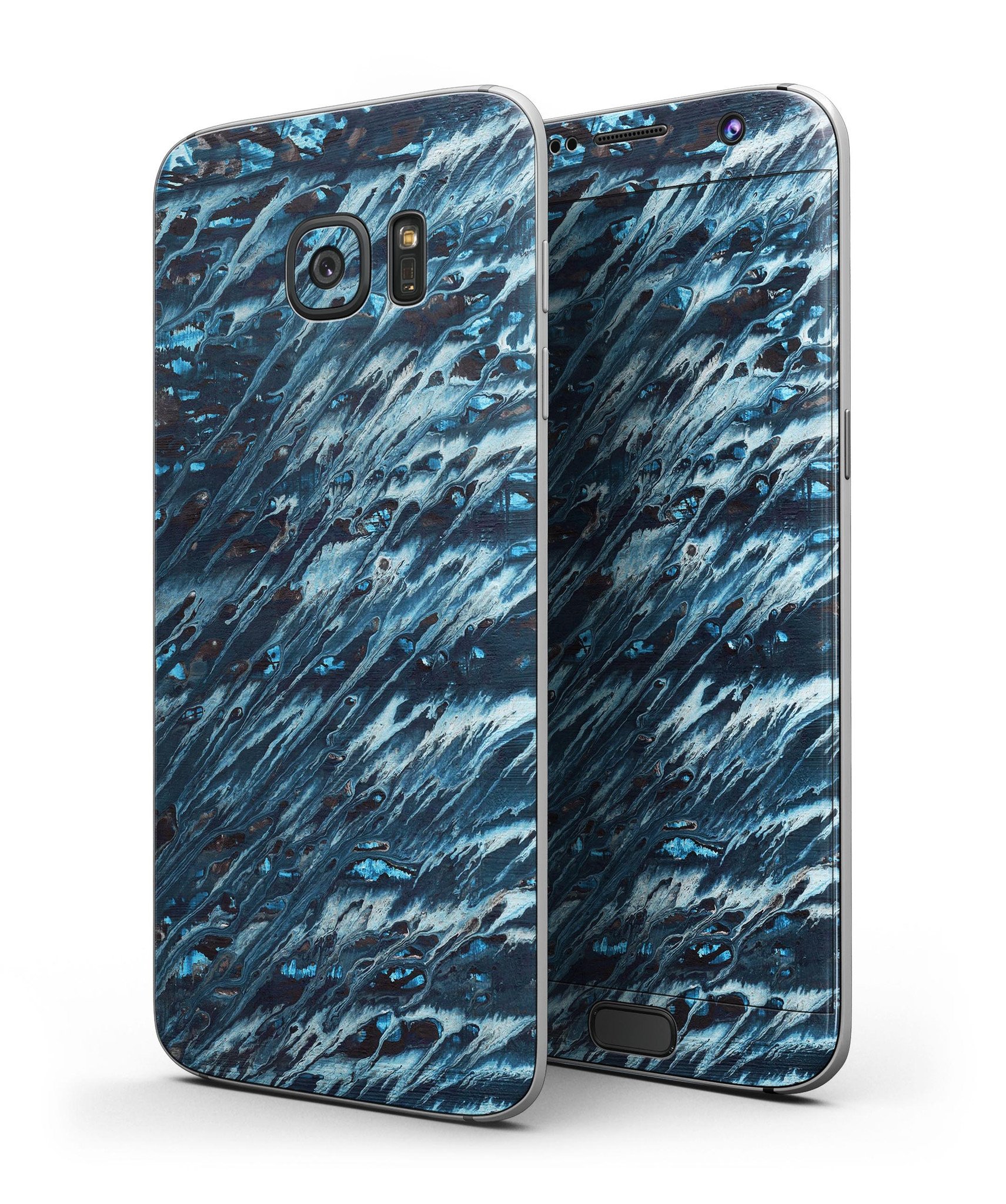 Abstract Wet Paint Blues skin kit for Samsung Galaxy S7/S7 Edge, showcasing vibrant colors and premium vinyl material.