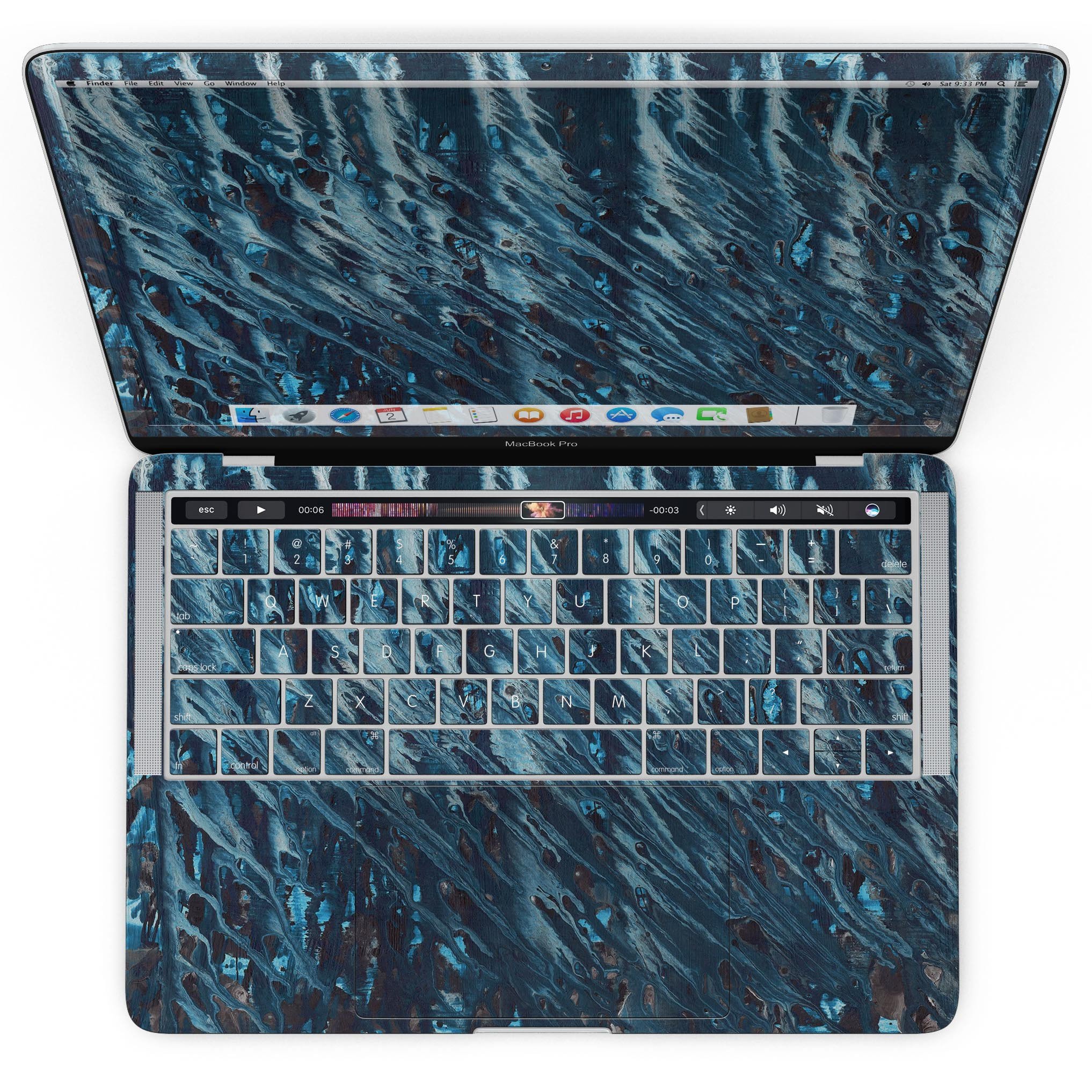 Abstract Wet Paint Blues skin kit for MacBook Pro with Touch Bar, showcasing vibrant colors and a sleek design.