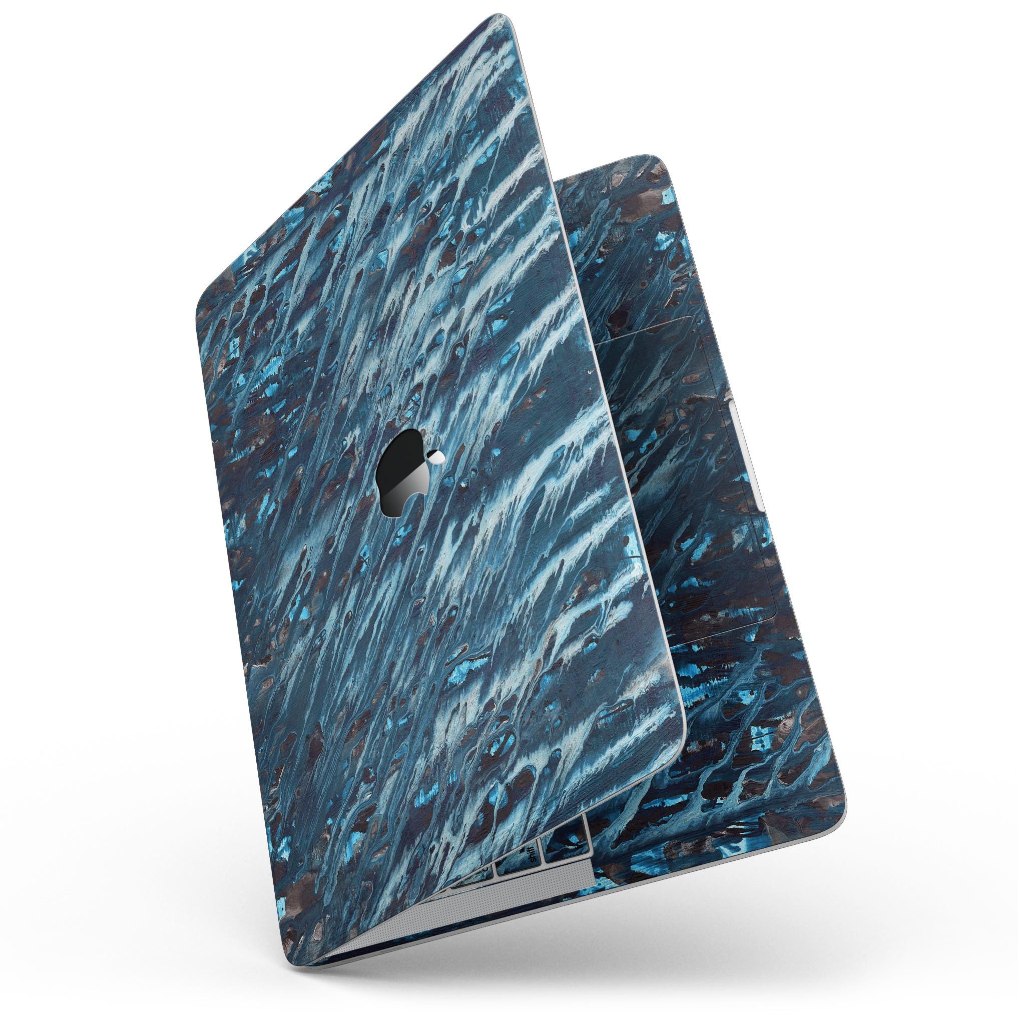 Abstract Wet Paint Blues skin kit for MacBook Pro with Touch Bar, showcasing vibrant colors and a sleek design.