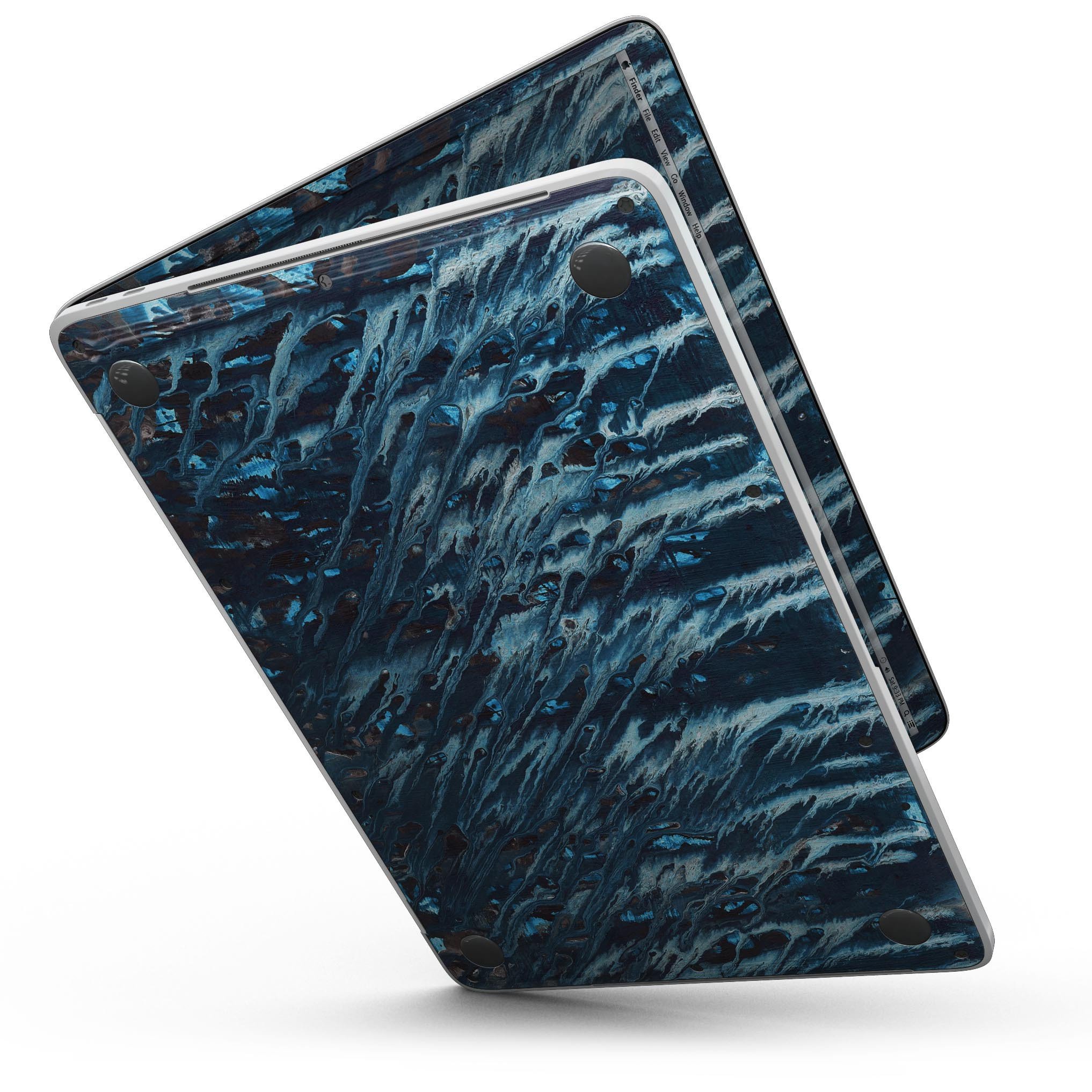 Abstract Wet Paint Blues skin kit for MacBook Pro with Touch Bar, showcasing vibrant colors and a sleek design.