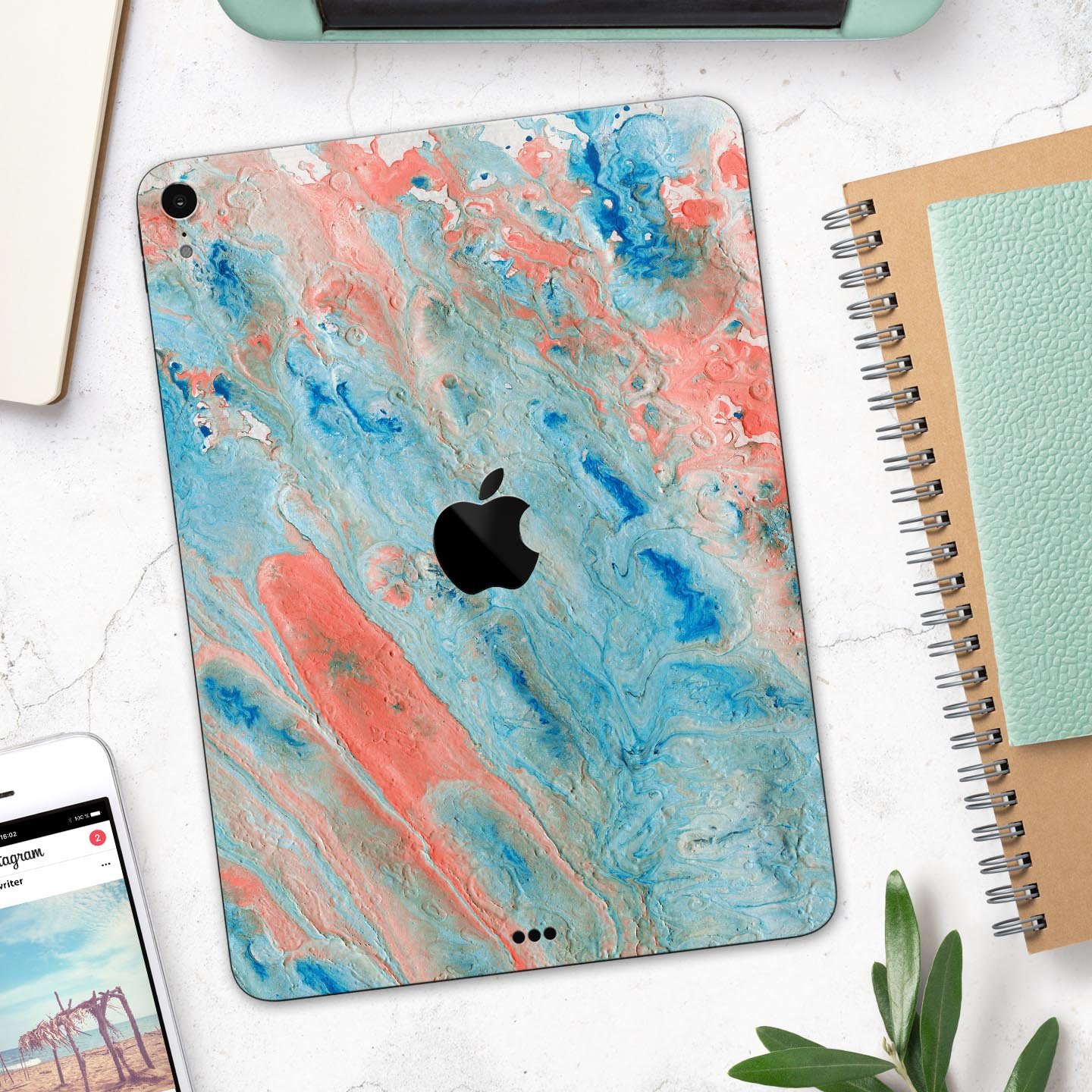 Abstract Wet Paint Coral Blues full body skin decal for Apple devices, showcasing vibrant colors and a sleek design.