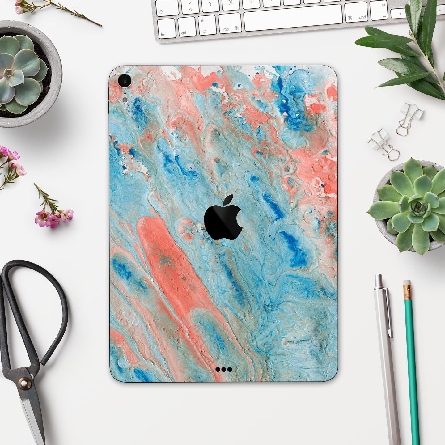 Abstract Wet Paint Coral Blues full body skin decal for Apple devices, showcasing vibrant colors and a sleek design.