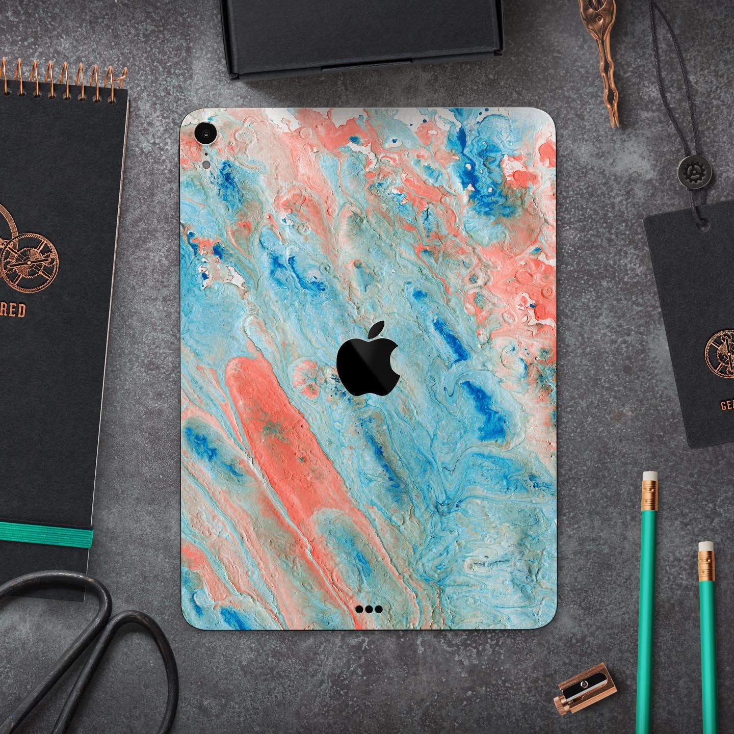 Abstract Wet Paint Coral Blues full body skin decal for Apple devices, showcasing vibrant colors and a sleek design.