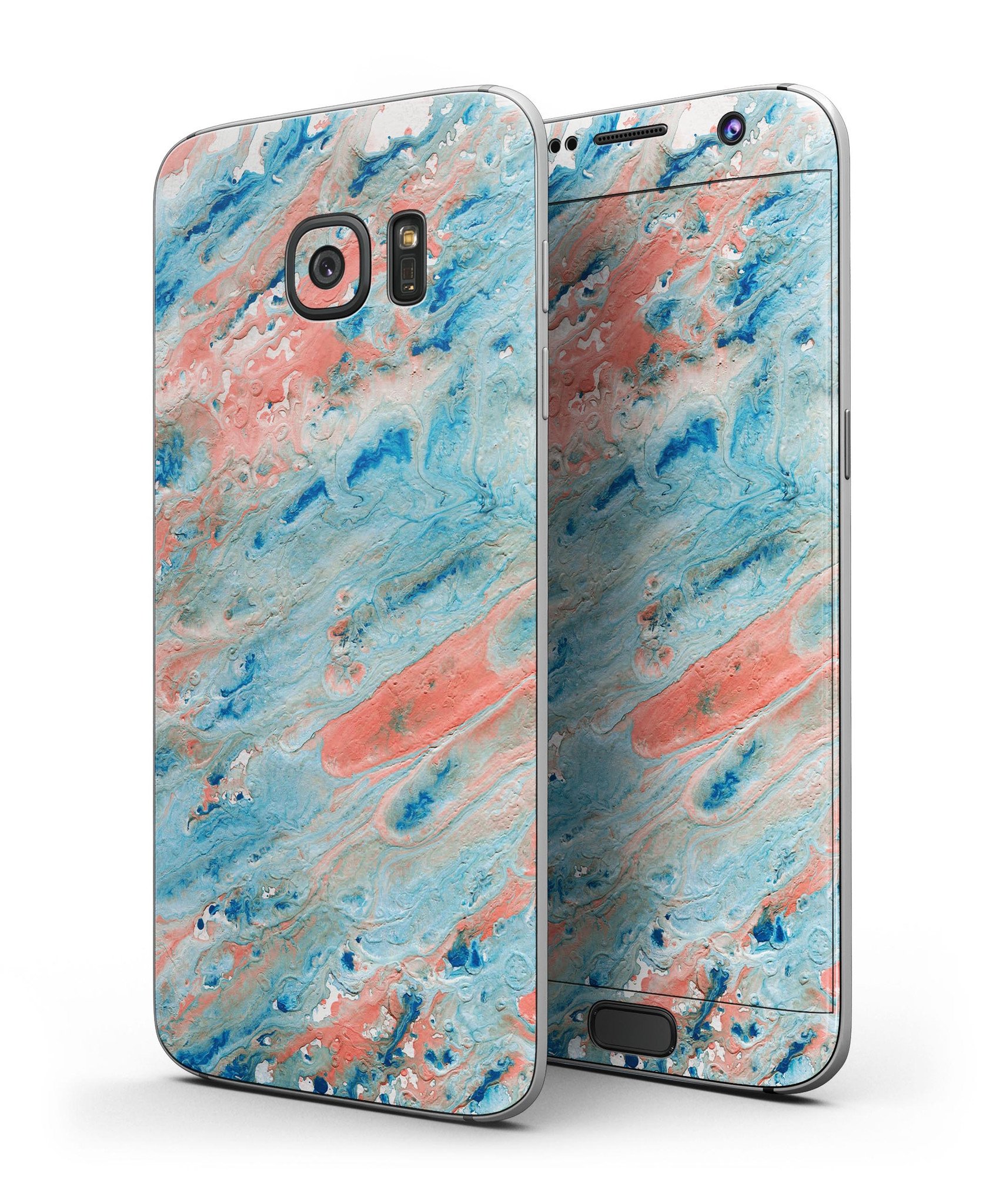 Abstract Wet Paint Coral Blues skin kit for Samsung Galaxy S7/S7 Edge, showcasing vibrant colors and premium vinyl material.