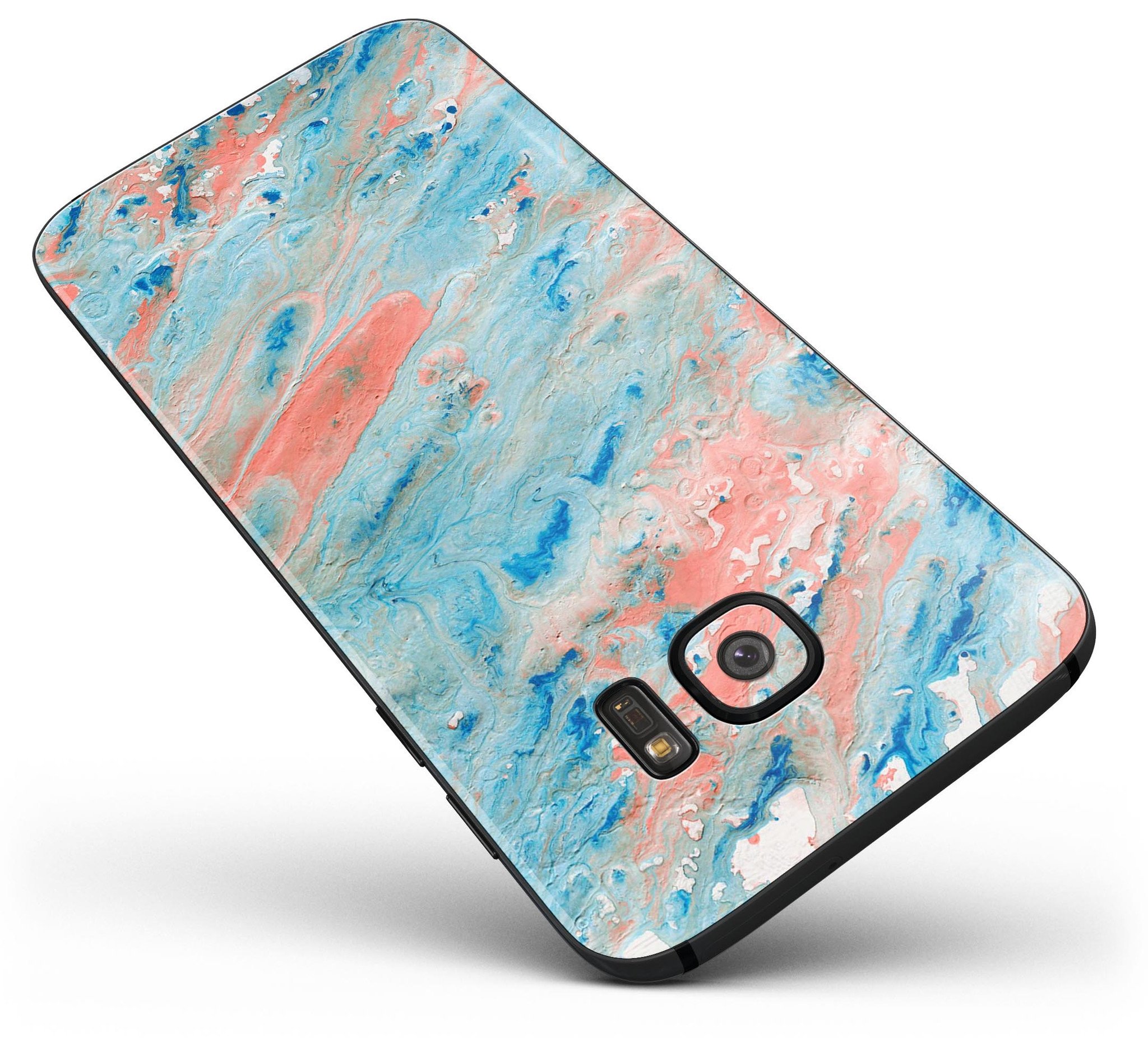 Abstract Wet Paint Coral Blues skin kit for Samsung Galaxy S7/S7 Edge, showcasing vibrant colors and premium vinyl material.