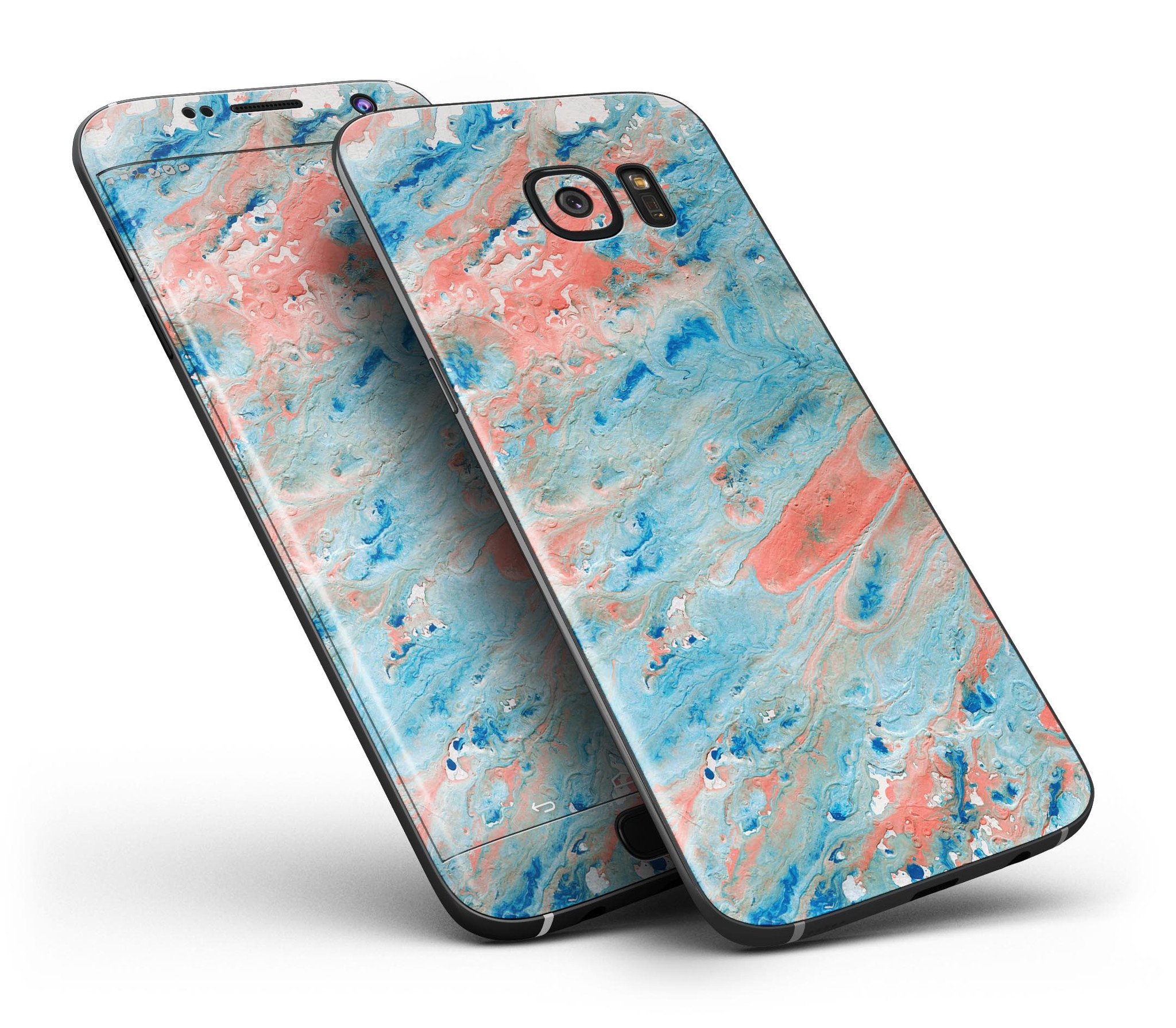 Abstract Wet Paint Coral Blues skin kit for Samsung Galaxy S7/S7 Edge, showcasing vibrant colors and premium vinyl material.