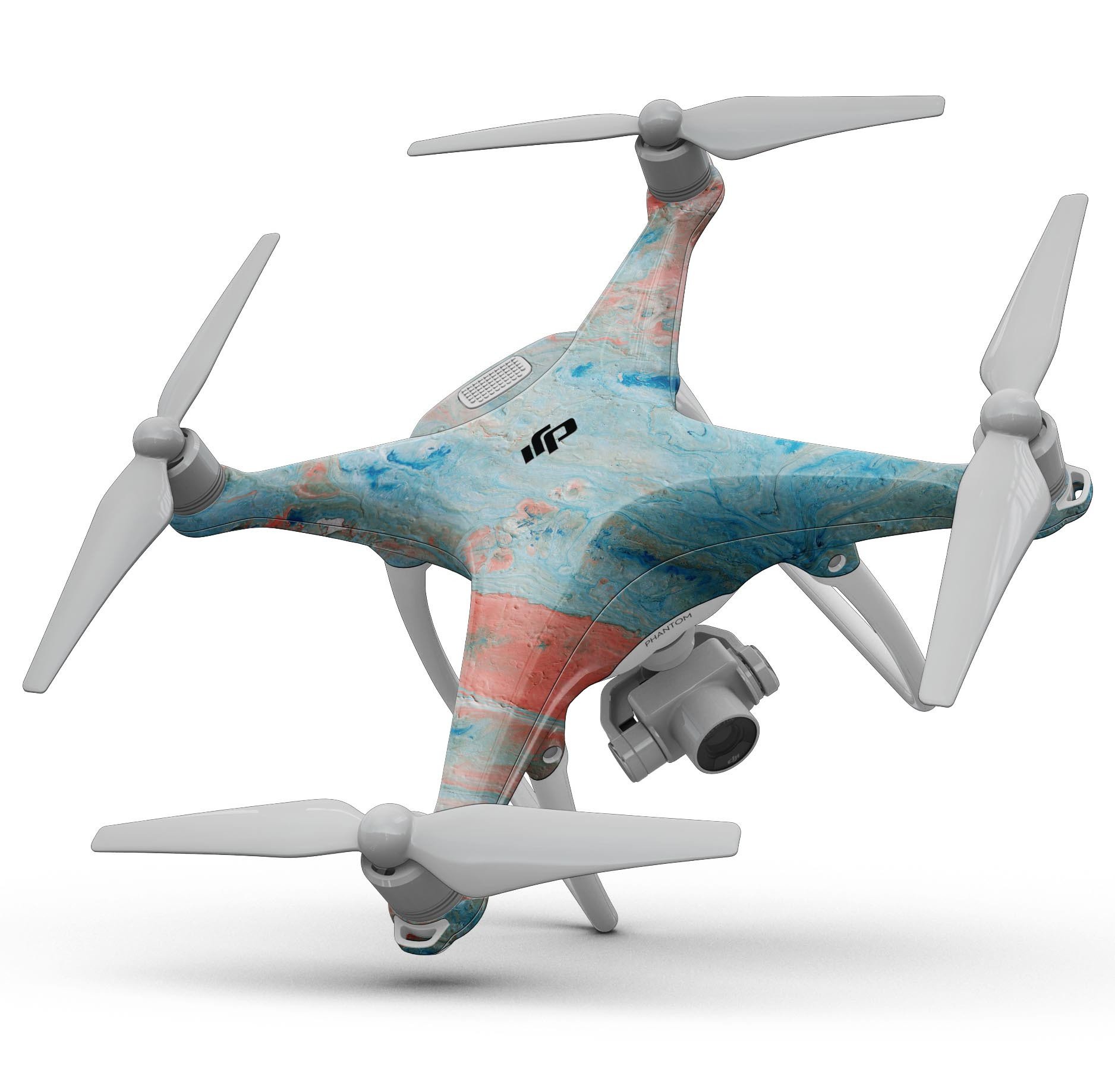 Abstract Wet Paint Coral Blues Full-Body Skin Kit for DJI Phantom 4, showcasing vibrant colors and precision fit.