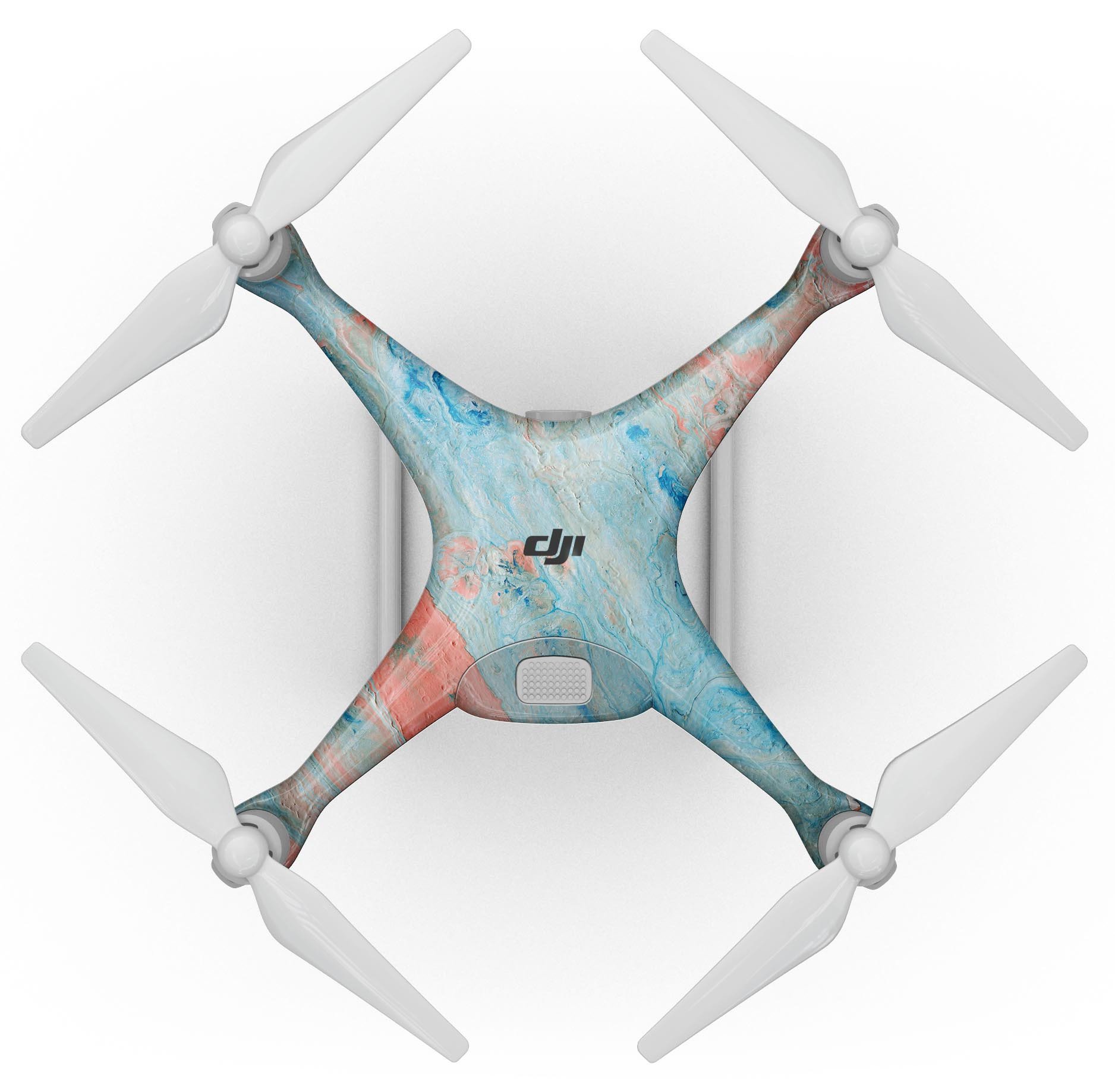 Abstract Wet Paint Coral Blues Full-Body Skin Kit for DJI Phantom 4, showcasing vibrant colors and precision fit.