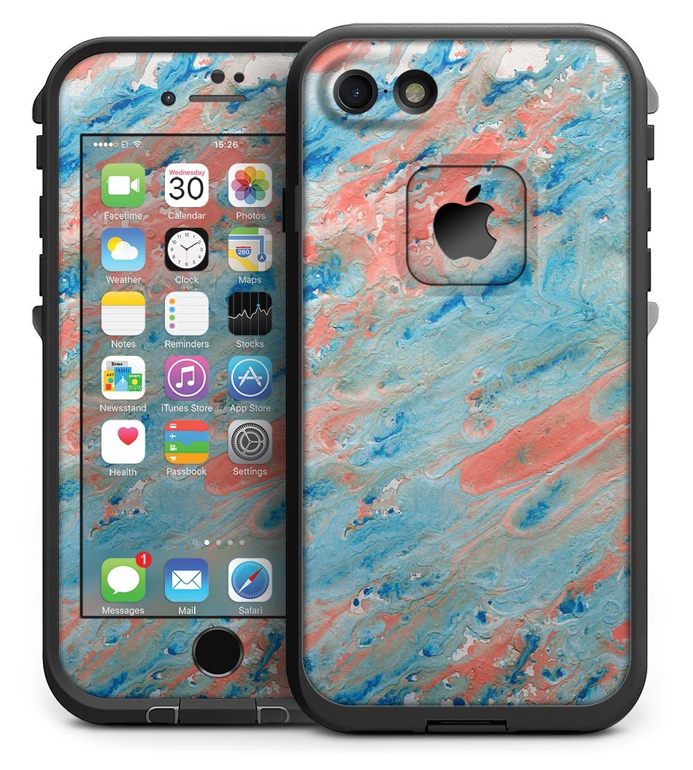 Abstract Wet Paint Coral Blues skin kit for iPhone 7 LifeProof Fre Case, showcasing vibrant colors and unique design.